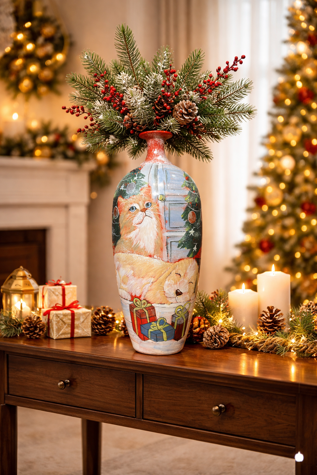 Handmade Mosaic Ceramic Vase – Cat Design  – 51 cm (20.1 in) – Home Décor – Heritage T&T Mosaic Collection – Bat Trang Vietnam