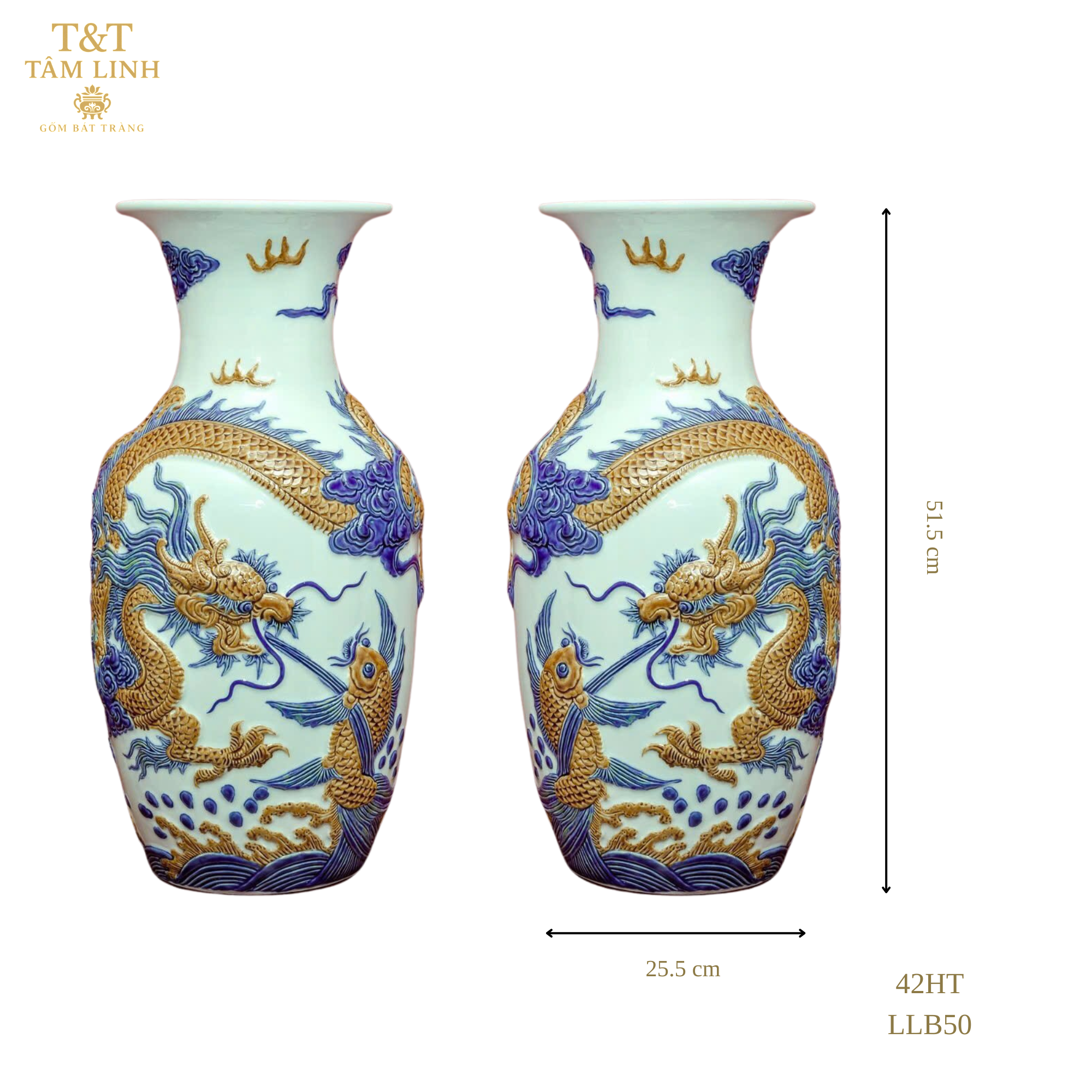 Heritage T&T Tall Dragon Prosperity Vase Tâm An  – 1 Pair – Bat Trang Handmade Vietnam