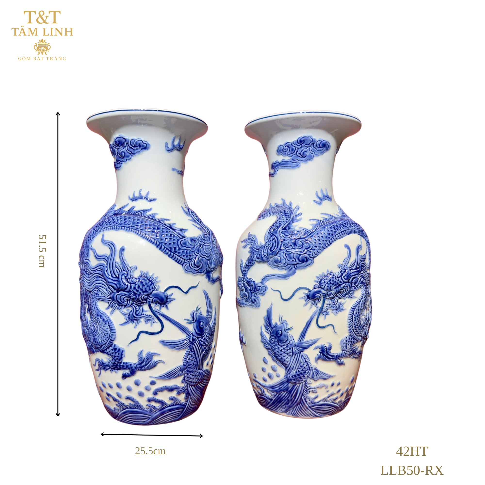 Heritage T&T Tall Dragon Prosperity Vase Tâm An  – 1 Pair – Bat Trang Handmade Vietnam