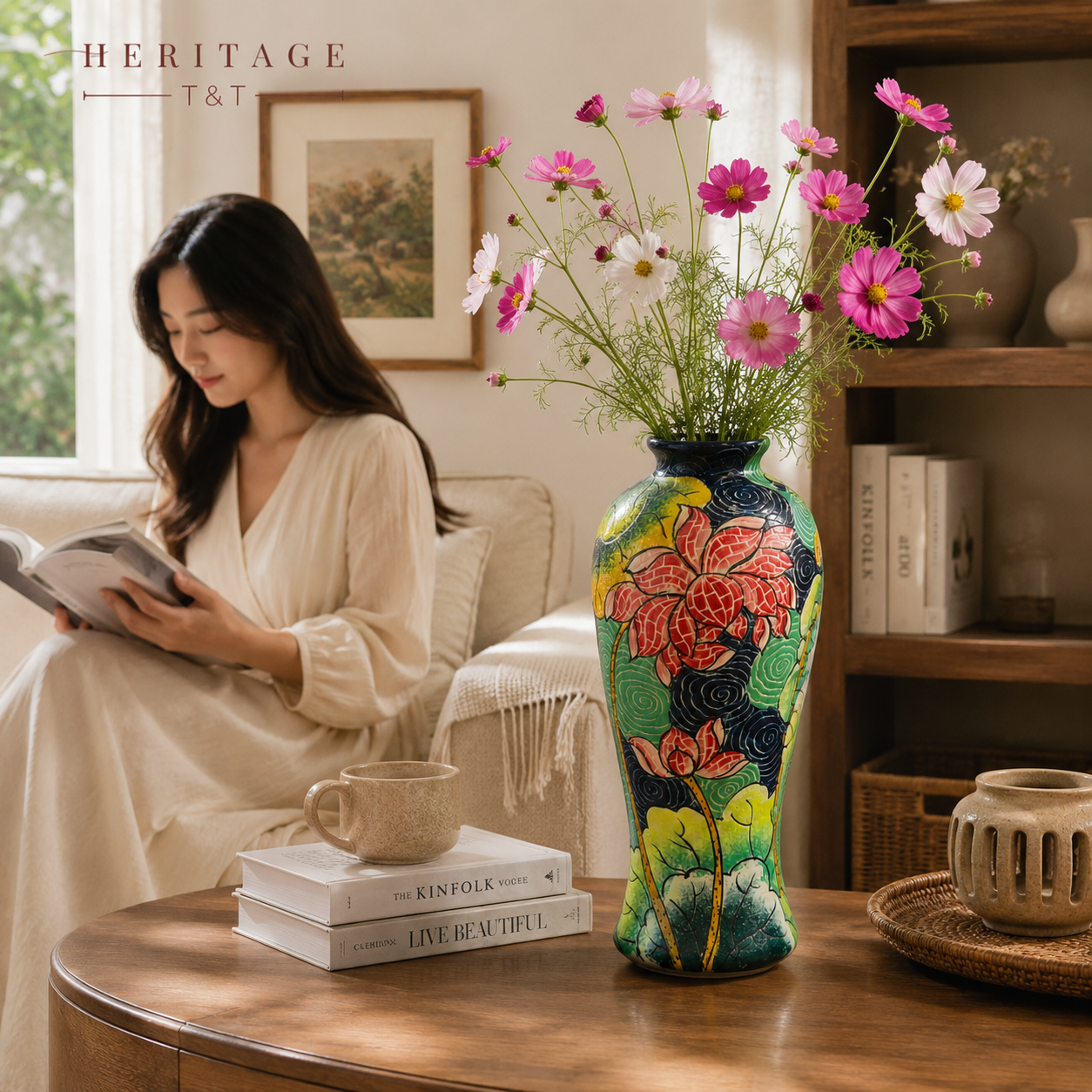 Handmade Mosaic Ceramic Vase – Lotus Design  – 36.5 cm (14.4 in) – Home Décor – Heritage T&T Mosaic Collection – Bat Trang Vietnam