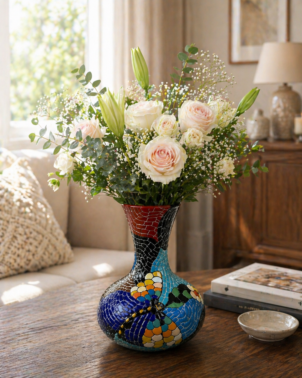 Handmade Mosaic Ceramic Vase – Dragonfly Design  – 28 cm (11 in) – Home Décor – Heritage T&T Mosaic Collection – Bat Trang Vietnam