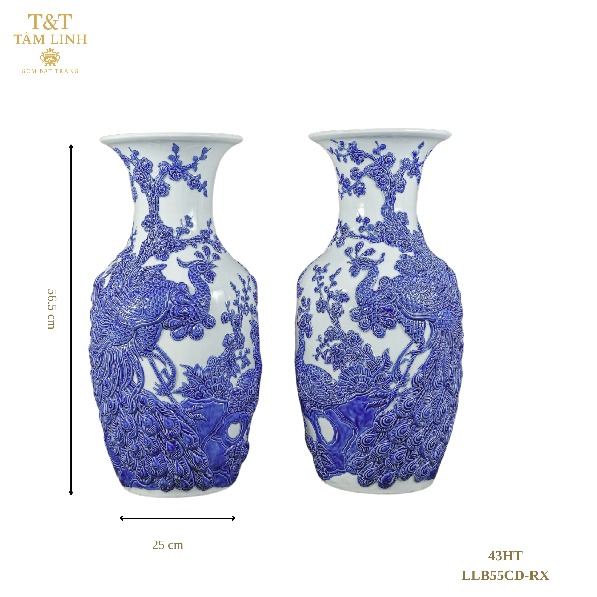 Heritage T&T Tall Peach Prosperity Vase Tâm An Height 56.5 cm (22.2 in) – 1 Pair – Bat Trang Handmade Vietnam