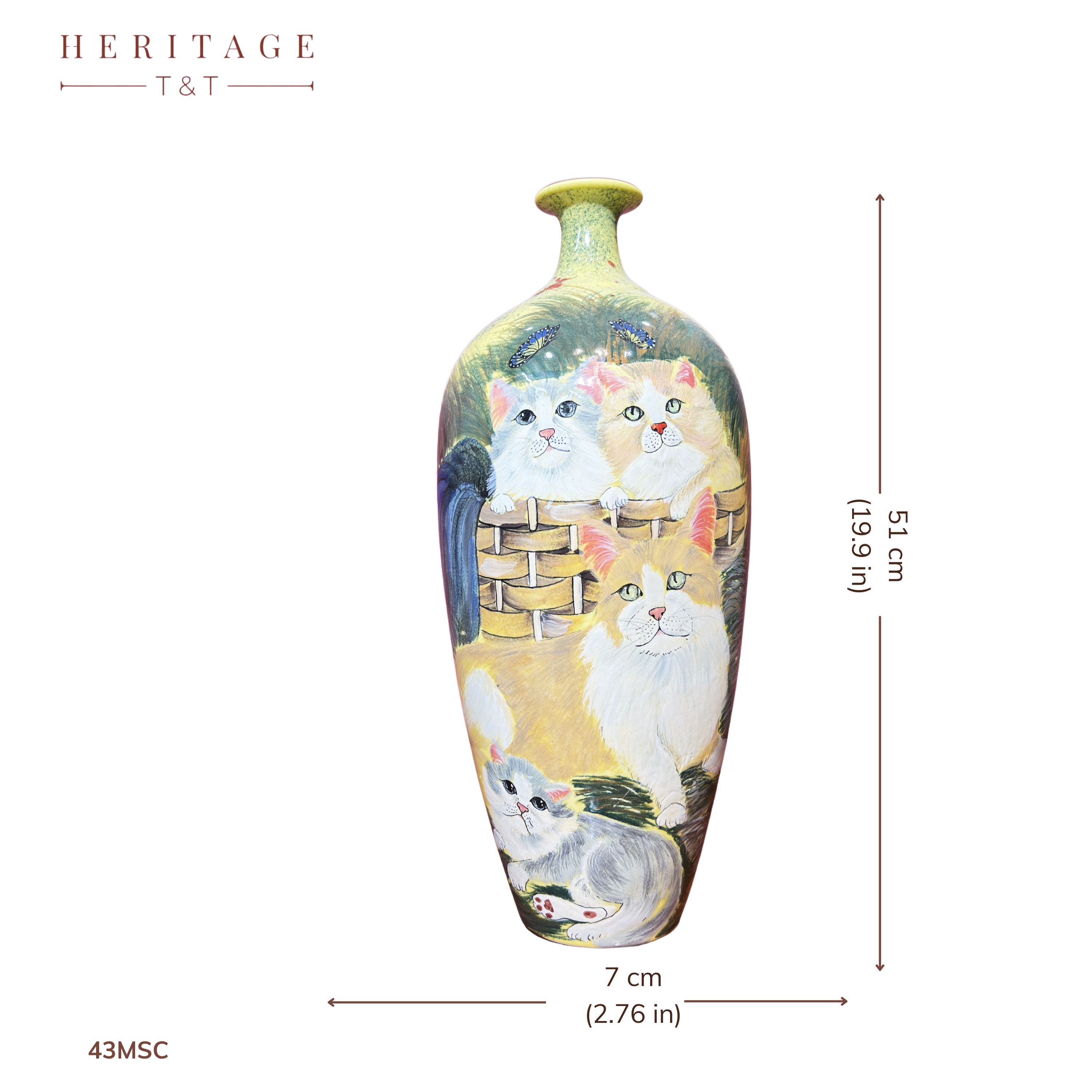 Handmade Mosaic Ceramic Vase – Cat Design  – 51 cm (20.1 in) – Home Décor – Heritage T&T Mosaic Collection – Bat Trang Vietnam