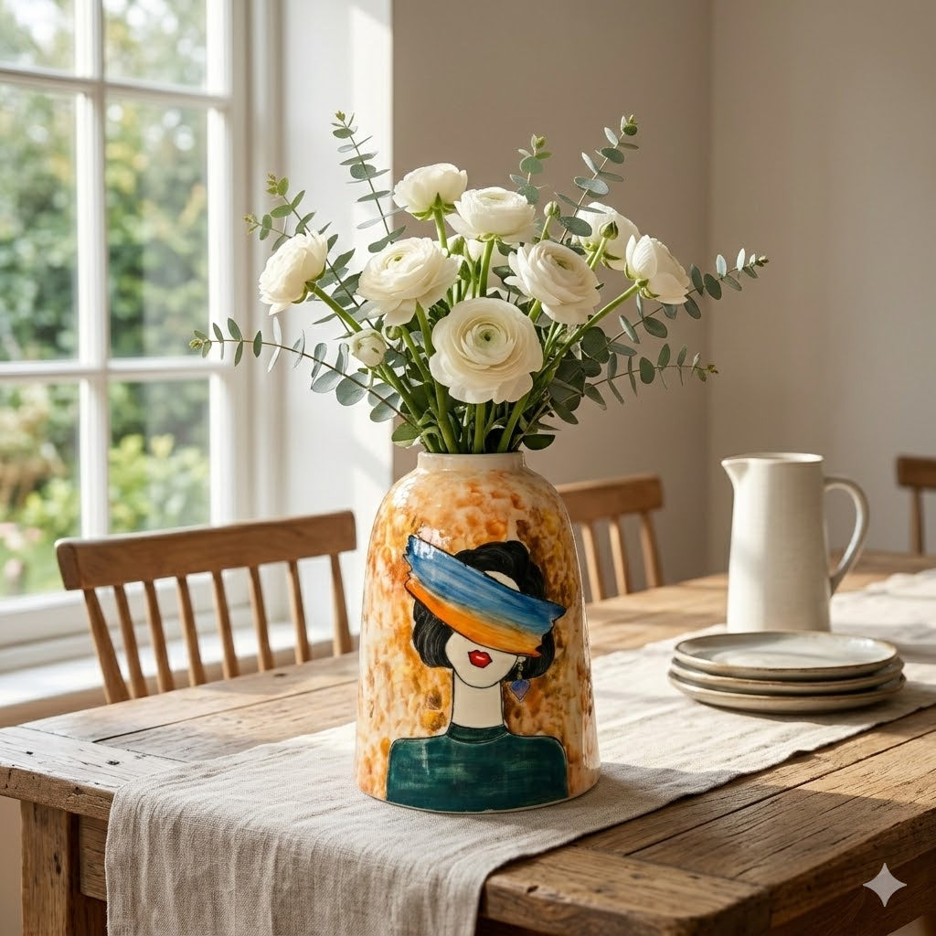 Handmade Mosaic Ceramic Vase – Abstract Lady Face Design – 10.2 in (26 cm) – Bat Trang Vietnam Home Decor