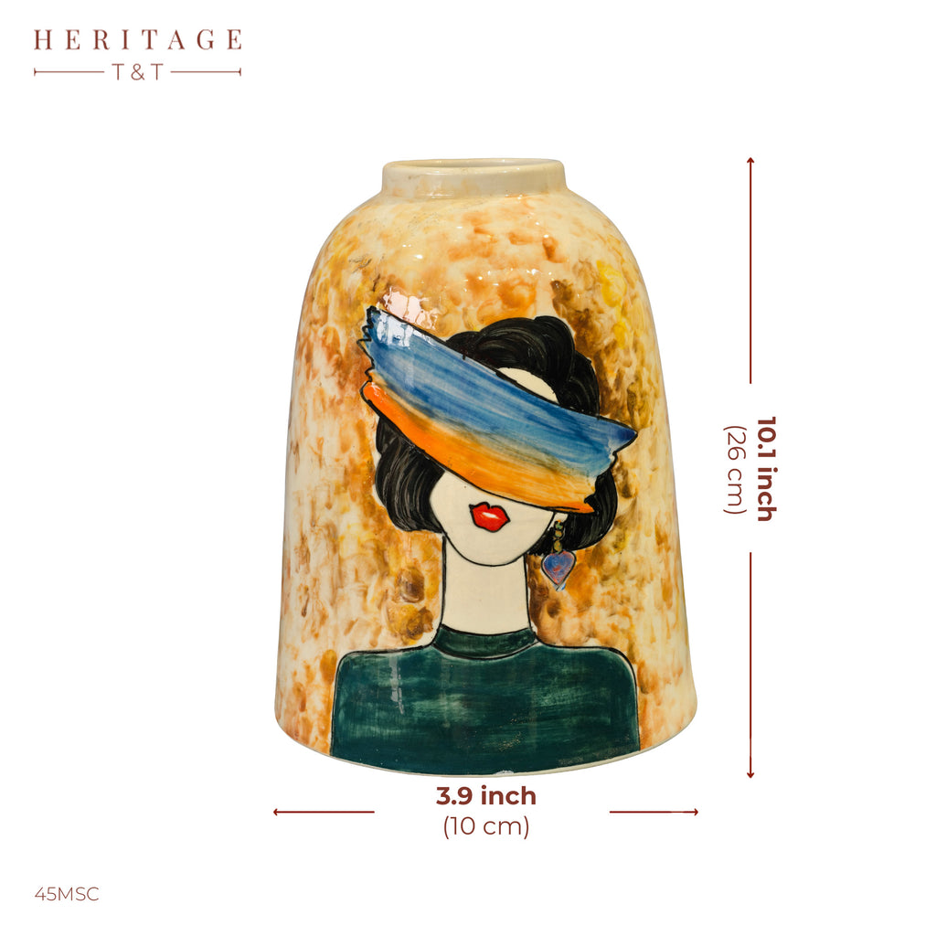 Handmade Mosaic Ceramic Vase – Abstract Lady Face Design – 10.2 in (26 cm) – Bat Trang Vietnam Home Decor
