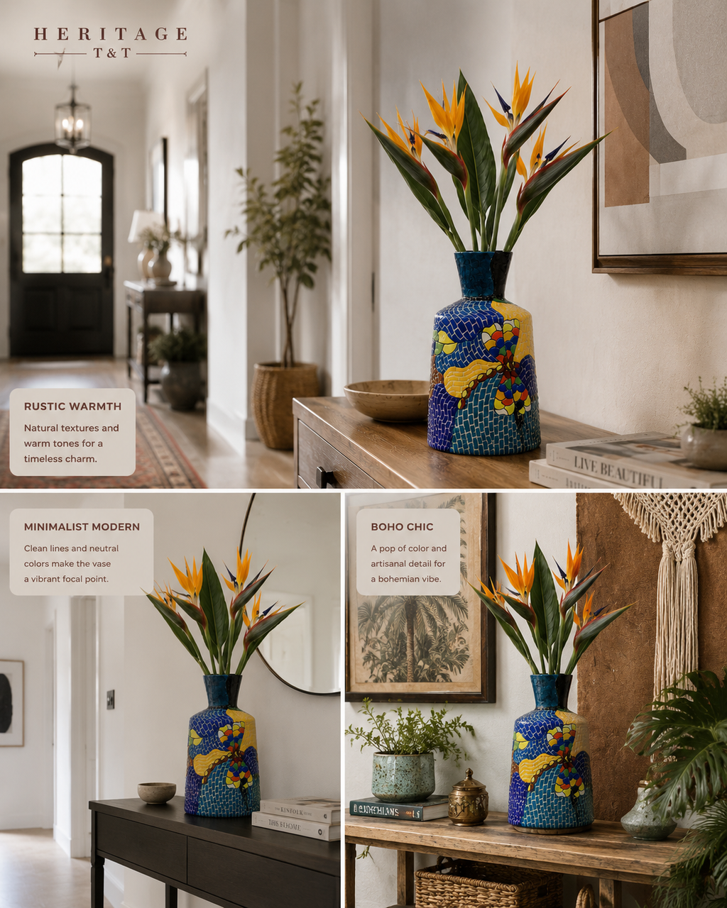 Handmade Mosaic Ceramic Vase – Dragonfly Design  – 25 cm (9.8 in) – Home Décor – Heritage T&T Mosaic Collection – Bat Trang Vietnam