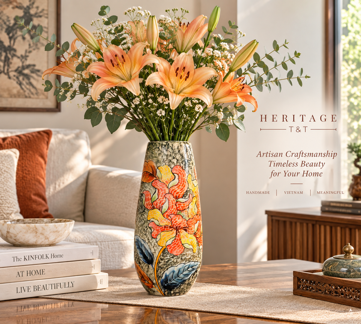 Handmade Mosaic Ceramic Vase – Flower Design  – 36.5 cm (14.4 in) – Home Décor – Heritage T&T Mosaic Collection – Bat Trang Vietnam