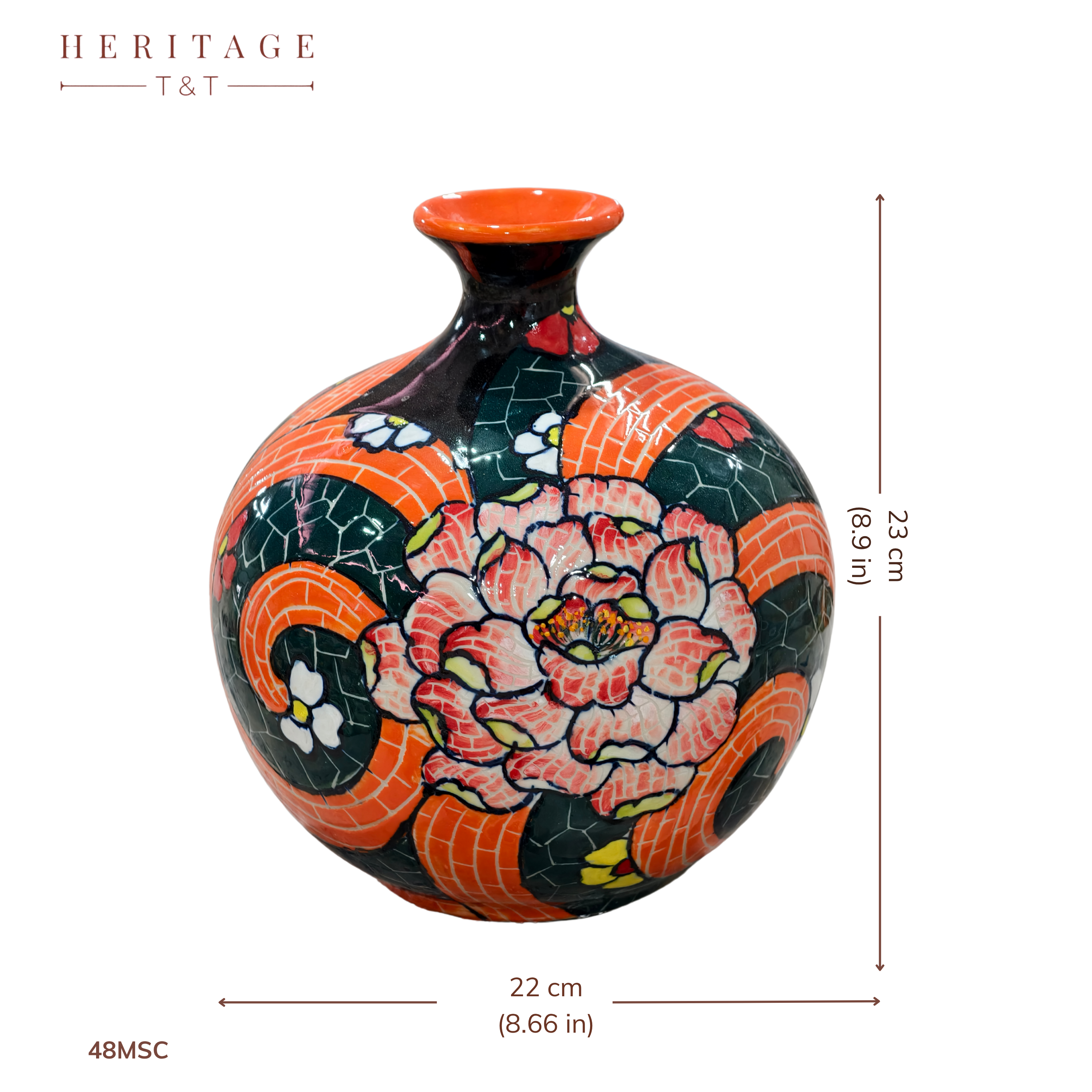 Handmade Mosaic Ceramic Vase – Flower Design  – 25 cm (9.8 in) – Home Décor – Heritage T&T Mosaic Collection – Bat Trang Vietnam