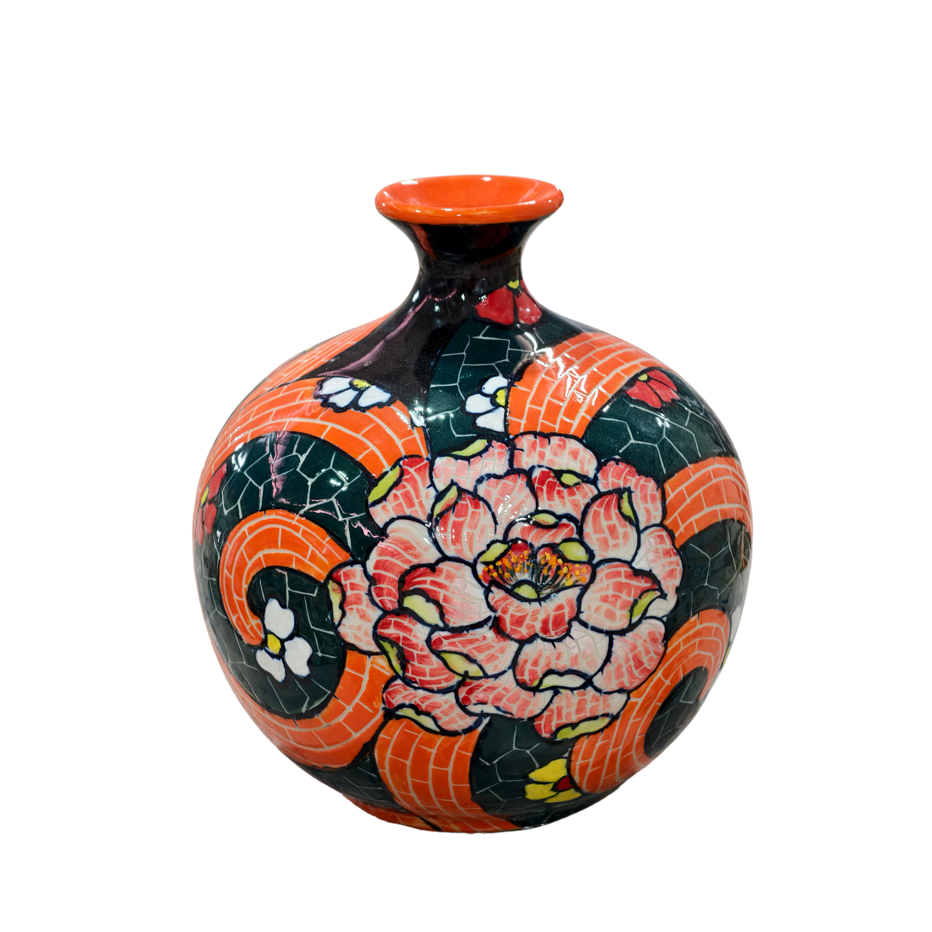 Handmade Mosaic Ceramic Vase – Flower Design  – 25 cm (9.8 in) – Home Décor – Heritage T&T Mosaic Collection – Bat Trang Vietnam