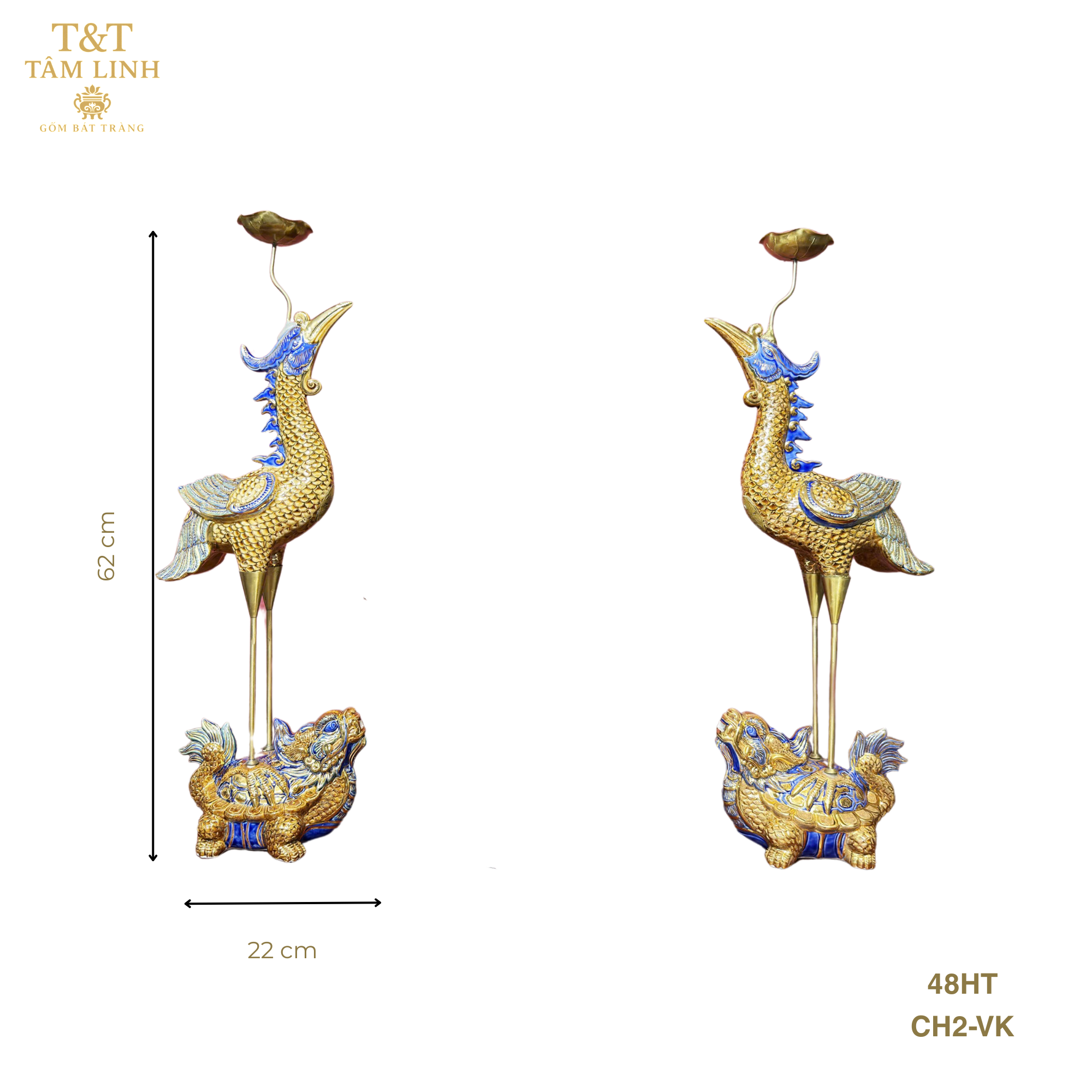 Heritage T&T Ceramic Altar Crane Pair Tâm An – Set of 2 – Bat Trang Vietnam