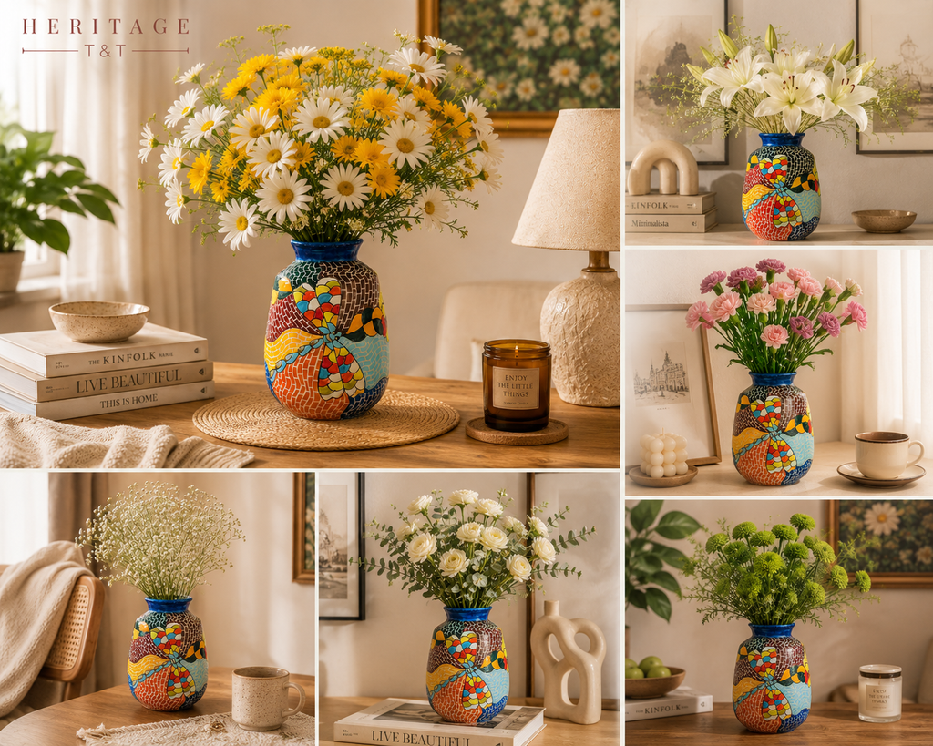 Handmade Mosaic Ceramic Vase – Dragonfly Design  – 22 cm (8.7 in) – Home Décor – Heritage T&T Mosaic Collection – Bat Trang Vietnam