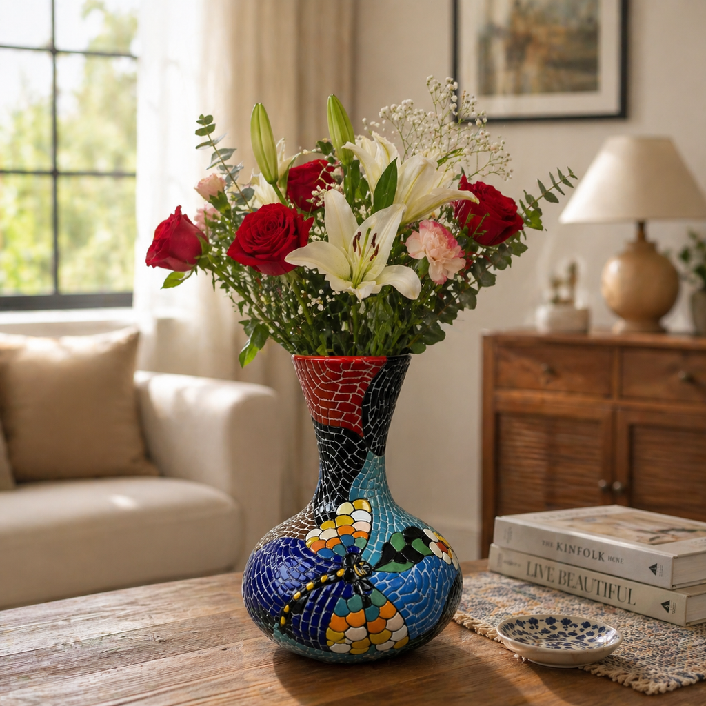 Handmade Mosaic Ceramic Vase – Dragonfly Design  – 28 cm (11 in) – Home Décor – Heritage T&T Mosaic Collection – Bat Trang Vietnam