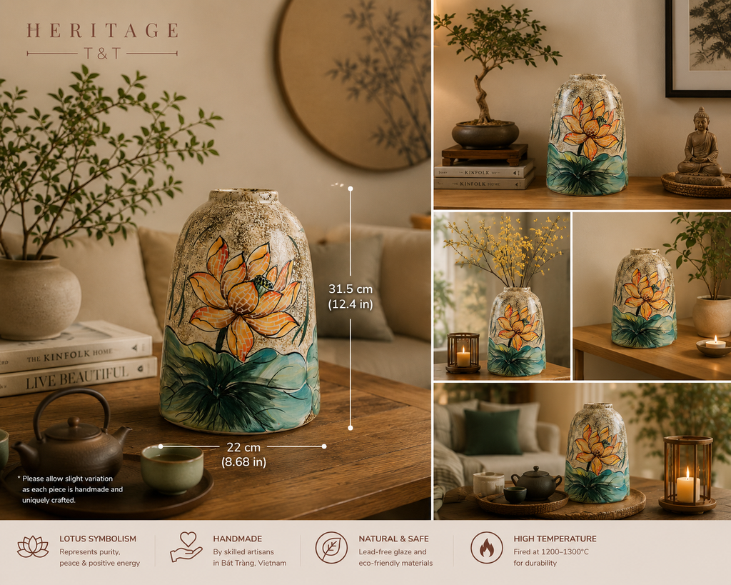 Handmade Mosaic Ceramic Vase – Lotus Design  – 31.5 cm (12.4 in) – Home Décor – Heritage T&T Mosaic Collection – Bat Trang Vietnam