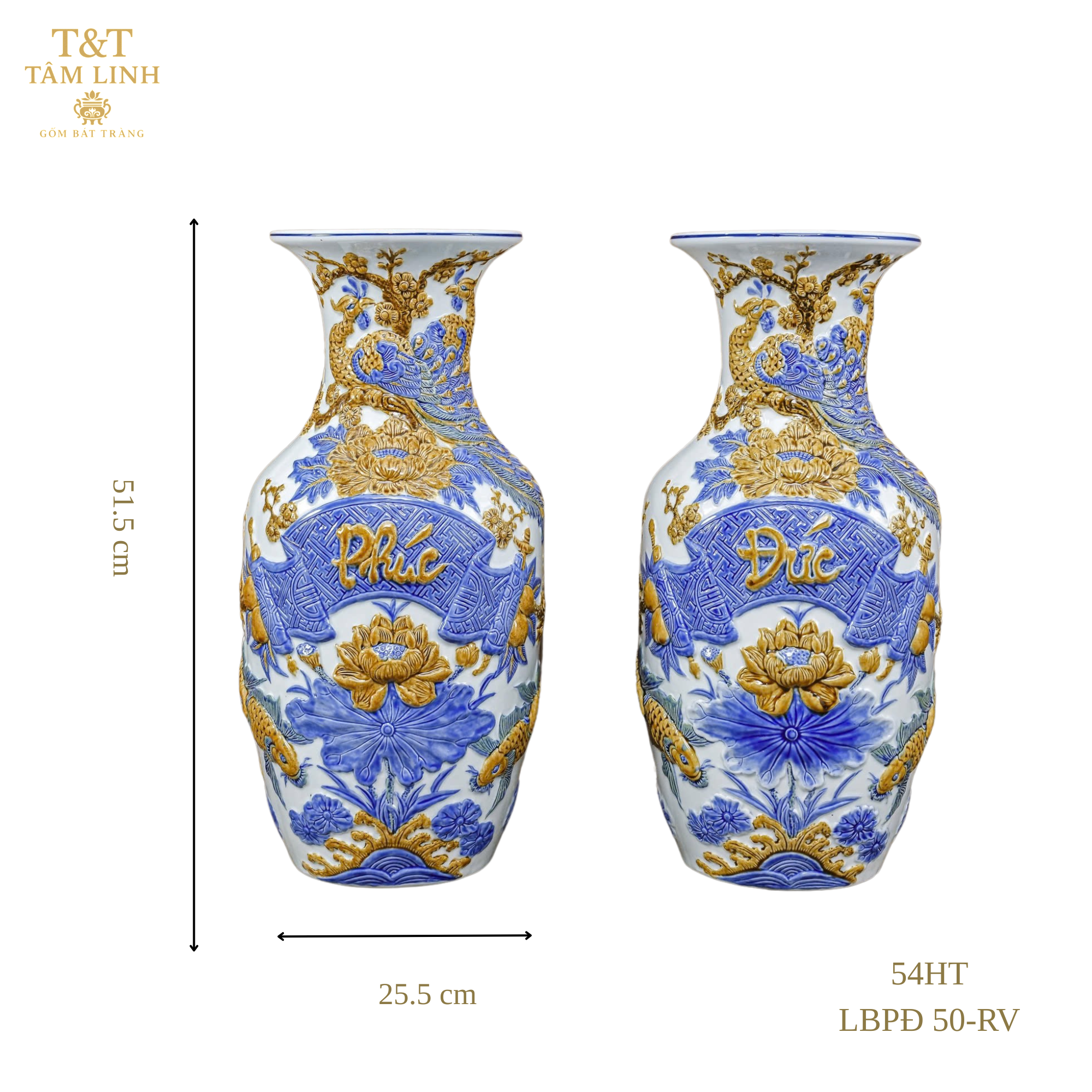 Heritage T&T Prosperity Vase Phuc Duc Tâm An – 1 Pair – Bat Trang Handmade Vietnam