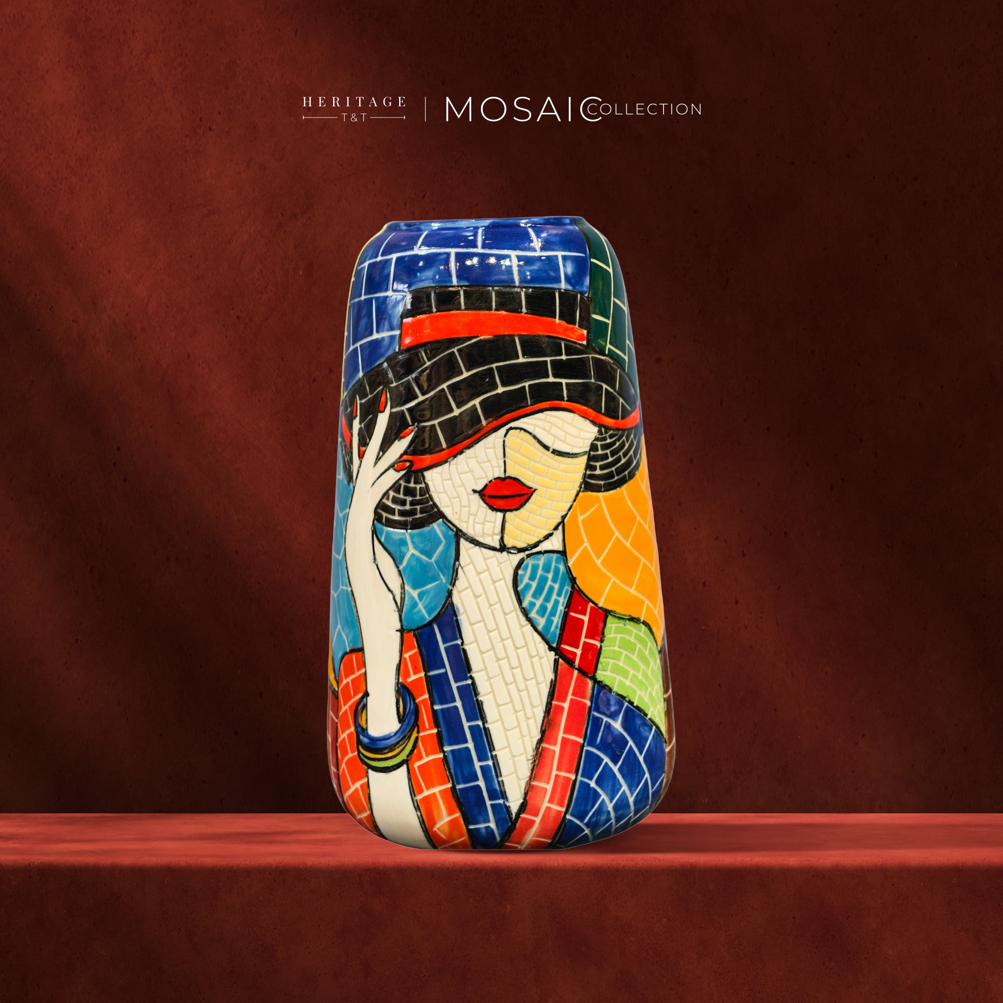Handmade Mosaic Ceramic Vase – Lady Design  – 26 cm (10.2 in) – Home Décor – Heritage T&T Mosaic Collection – Bat Trang Vietnam