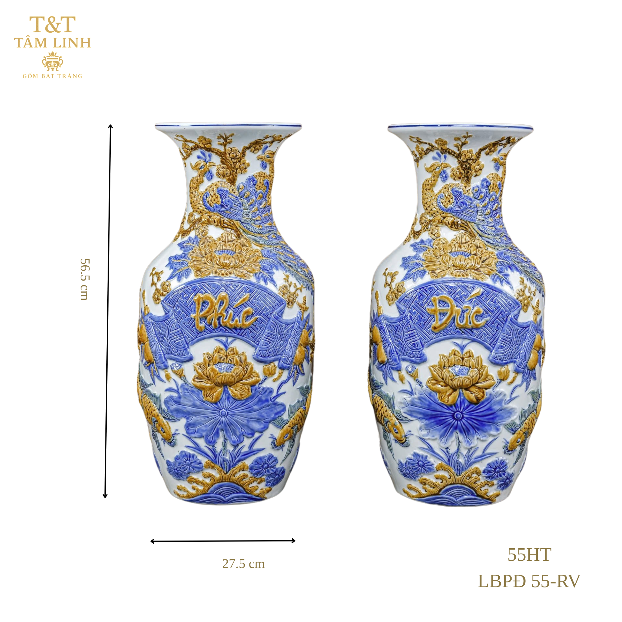 Heritage T&T Prosperity Vase Phuc Duc Tâm An – 1 Pair – Bat Trang Handmade Vietnam