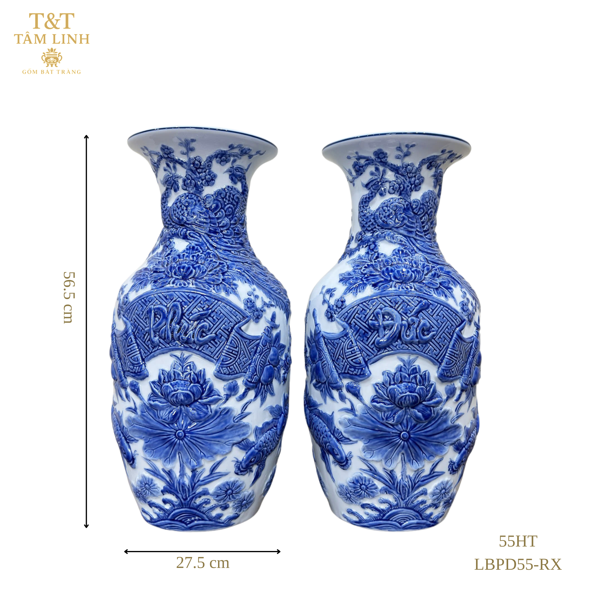 Heritage T&T Prosperity Vase Phuc Duc Tâm An – 1 Pair – Bat Trang Handmade Vietnam