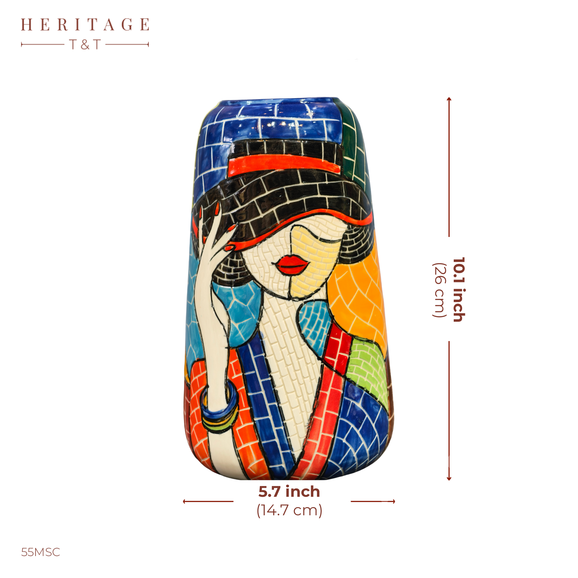 Handmade Mosaic Ceramic Vase – Lady Design  – 26 cm (10.2 in) – Home Décor – Heritage T&T Mosaic Collection – Bat Trang Vietnam