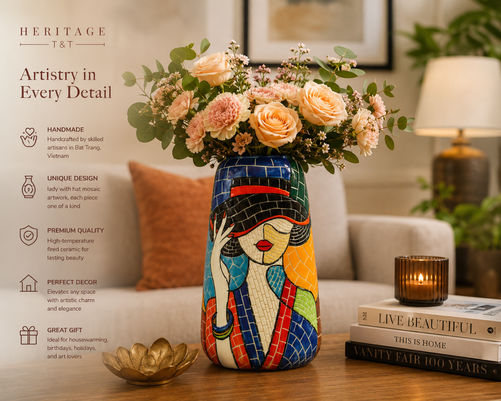 Handmade Mosaic Ceramic Vase – Lady Design  – 30 cm (11.8 in) – Home Décor – Heritage T&T Mosaic Collection – Bat Trang Vietnam