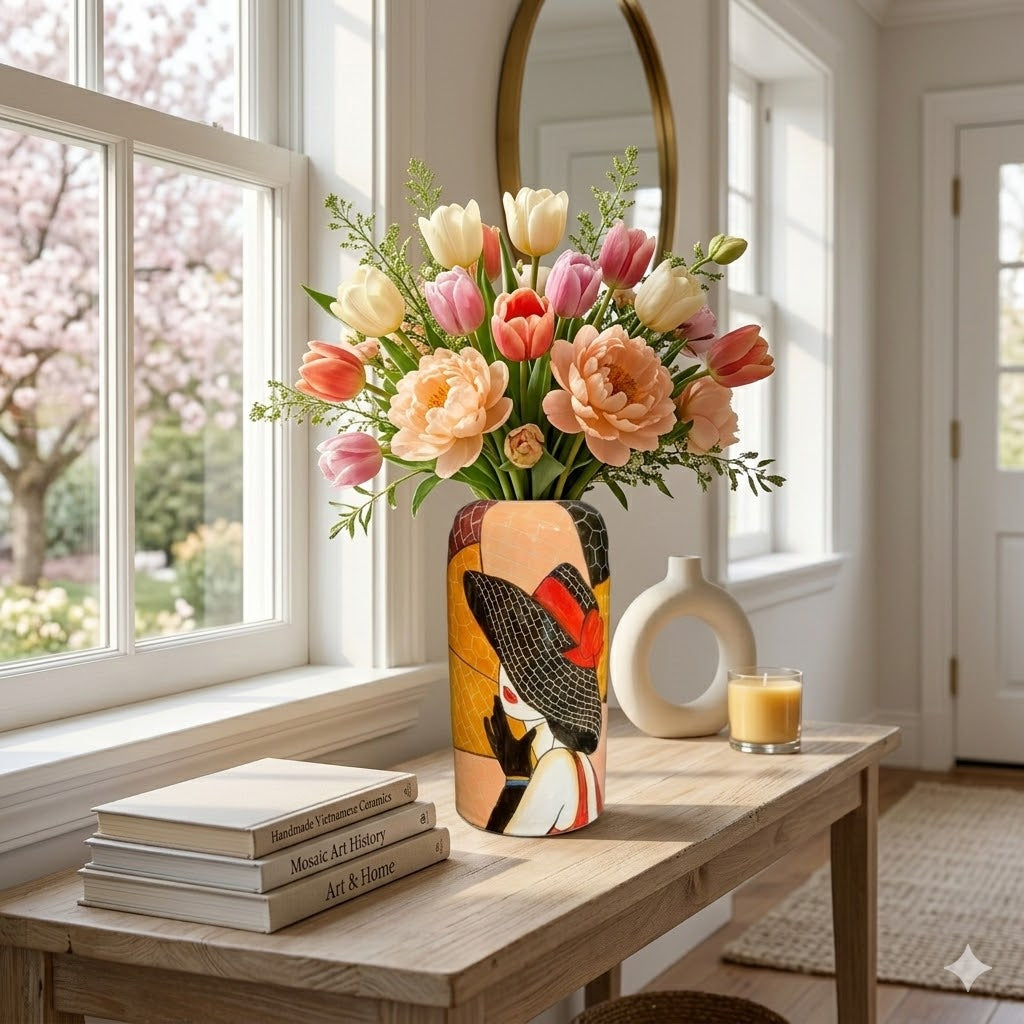 Handmade Mosaic Ceramic Vase – Lady Design  – 25 cm (9.8 in) – Home Décor – Heritage T&T Mosaic Collection – Bat Trang Vietnam