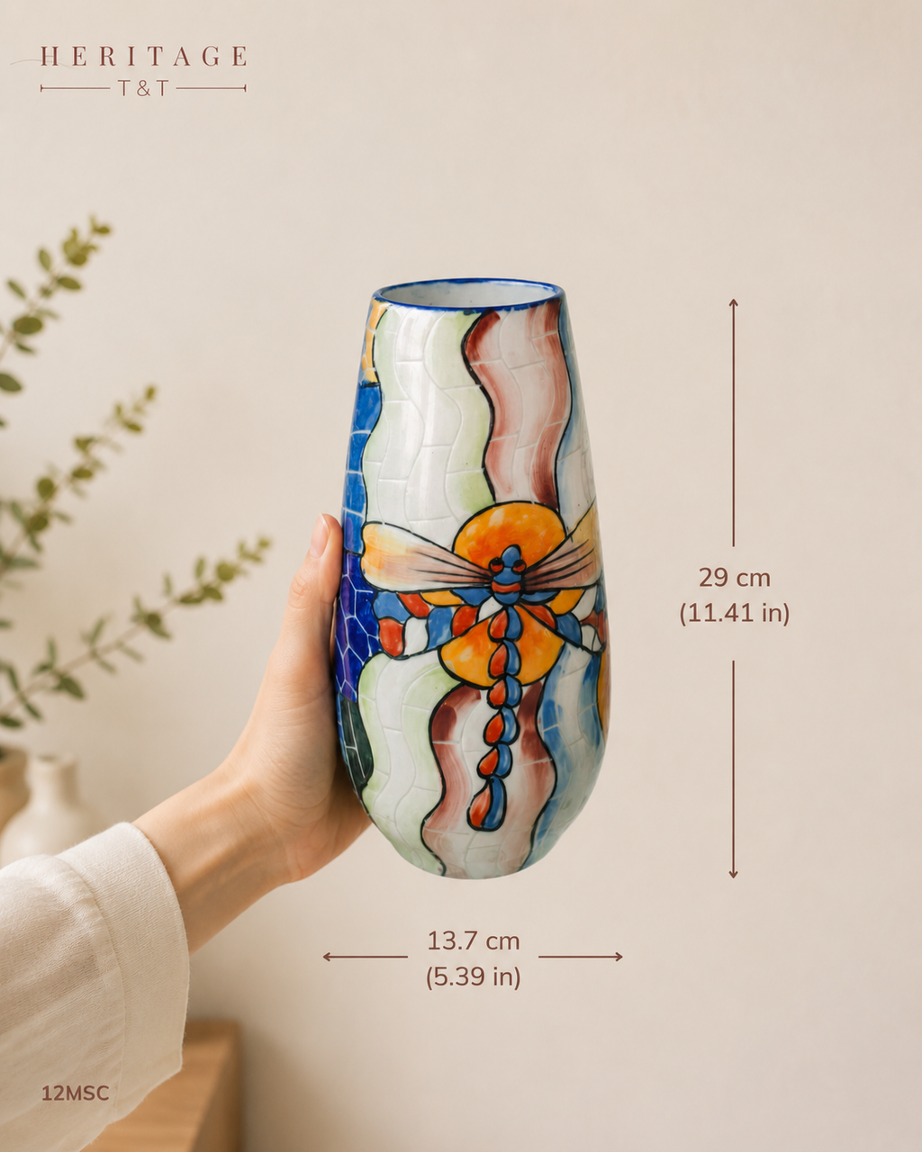 Handmade Mosaic Ceramic Vase – Dragonfly Design  – 29 cm (11.4 in) – Home Décor – Heritage T&T Mosaic Collection – Bat Trang Vietnam