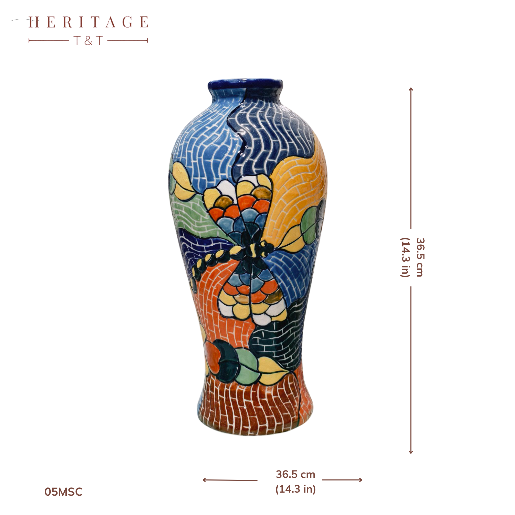 Handmade Mosaic Ceramic Vase – Dragonfly Design  – 31 cm (12.2 in) – Home Décor – Heritage T&T Mosaic Collection – Bat Trang Vietnam