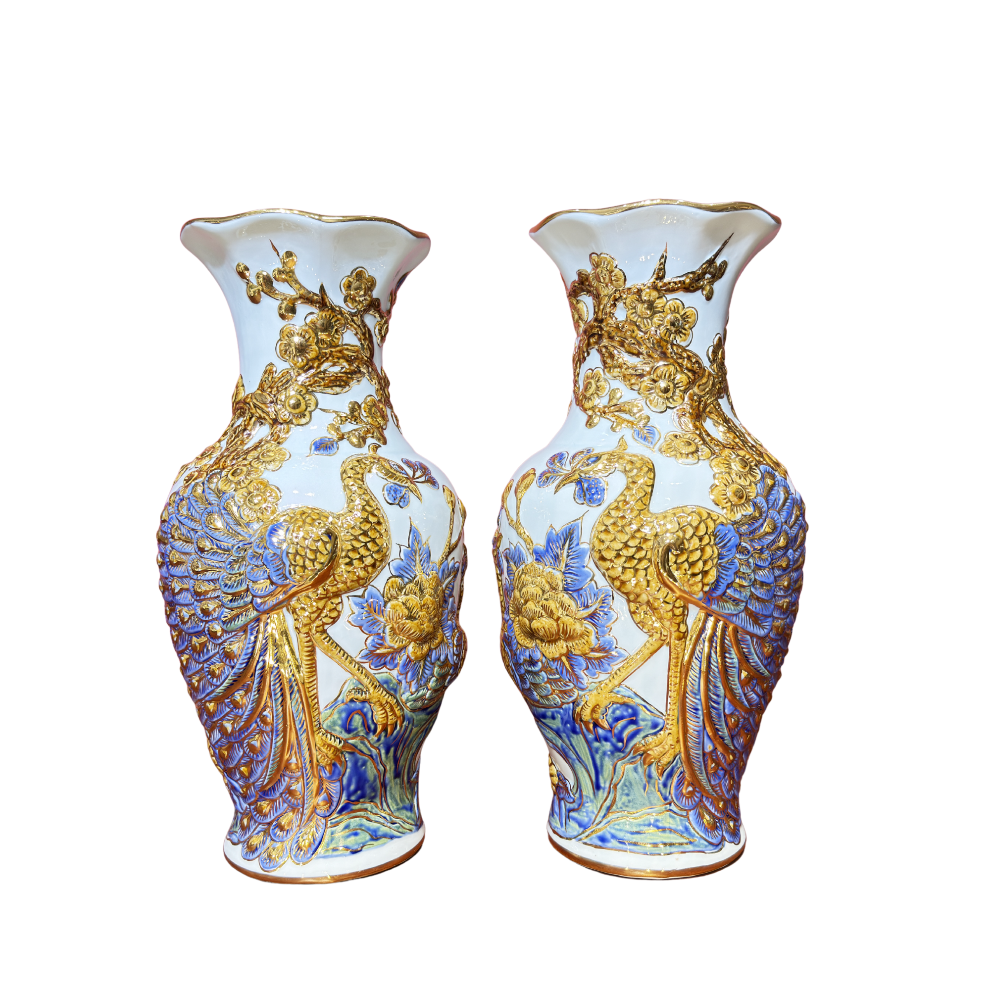 Heritage T&T Dragon Flower Vase Altar Tâm An blue Glaze  – 1 Pair – Bat Trang Handmade Vietnam (Copy)