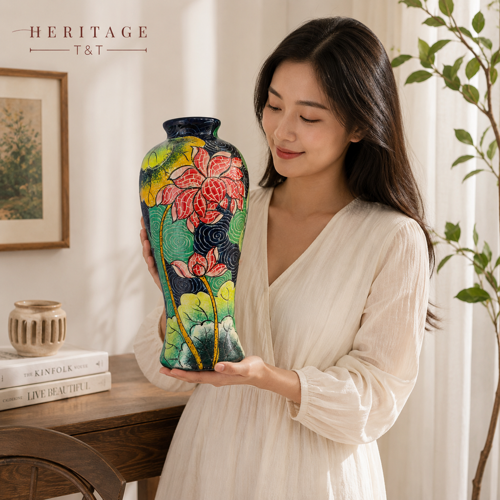 Handmade Mosaic Ceramic Vase – Lotus Design  – 36.5 cm (14.4 in) – Home Décor – Heritage T&T Mosaic Collection – Bat Trang Vietnam