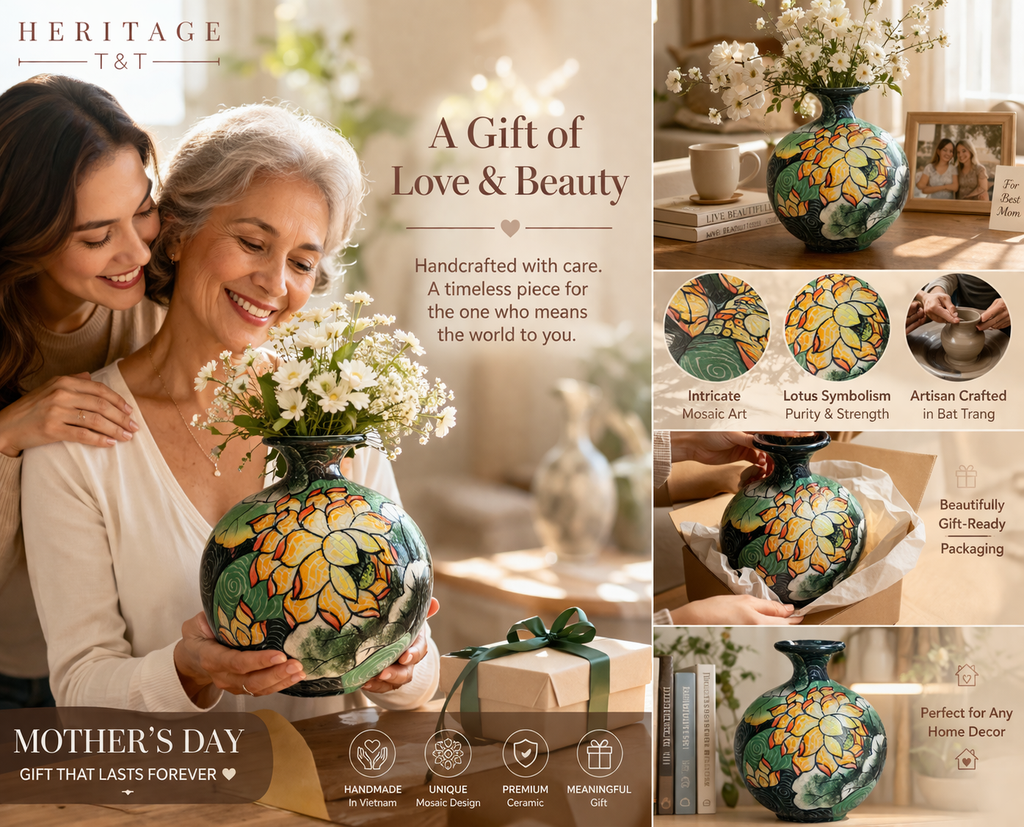 Handmade Mosaic Ceramic Vase – Lotus Design  – 25 cm (9.8 in) – Home Décor – Heritage T&T Mosaic Collection – Bat Trang Vietnam