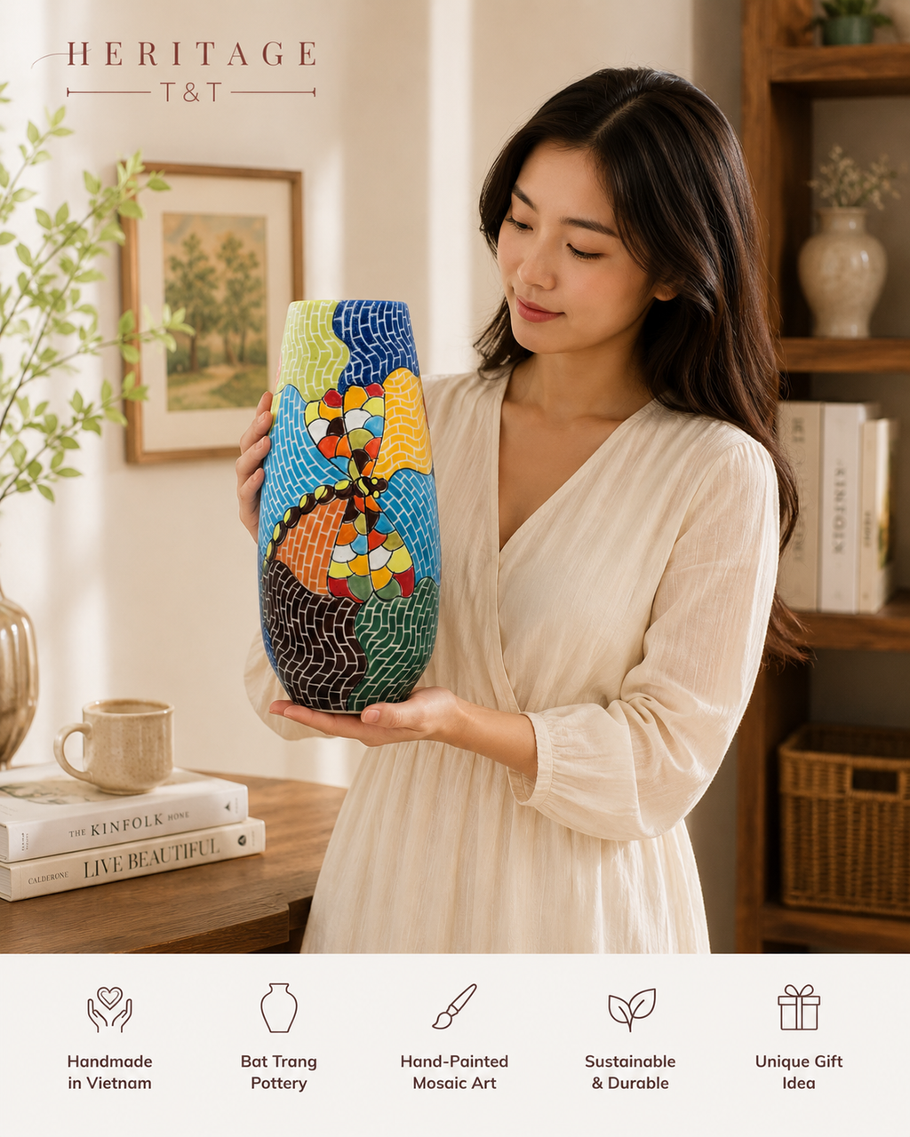 Handmade Mosaic Ceramic Vase – Dragonfly Design  – 29 cm (11.4 in) – Home Décor – Heritage T&T Mosaic Collection – Bat Trang Vietnam