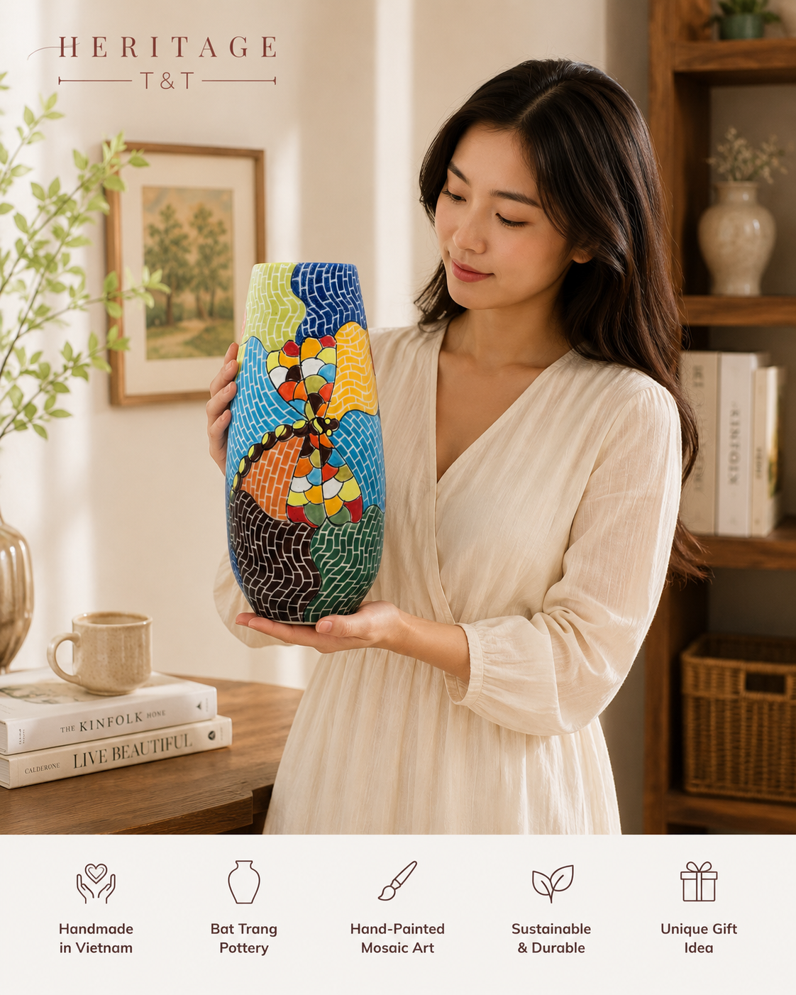 Handmade Mosaic Ceramic Vase – Dragonfly Design  – 29 cm (11.4 in) – Home Décor – Heritage T&T Mosaic Collection – Bat Trang Vietnam