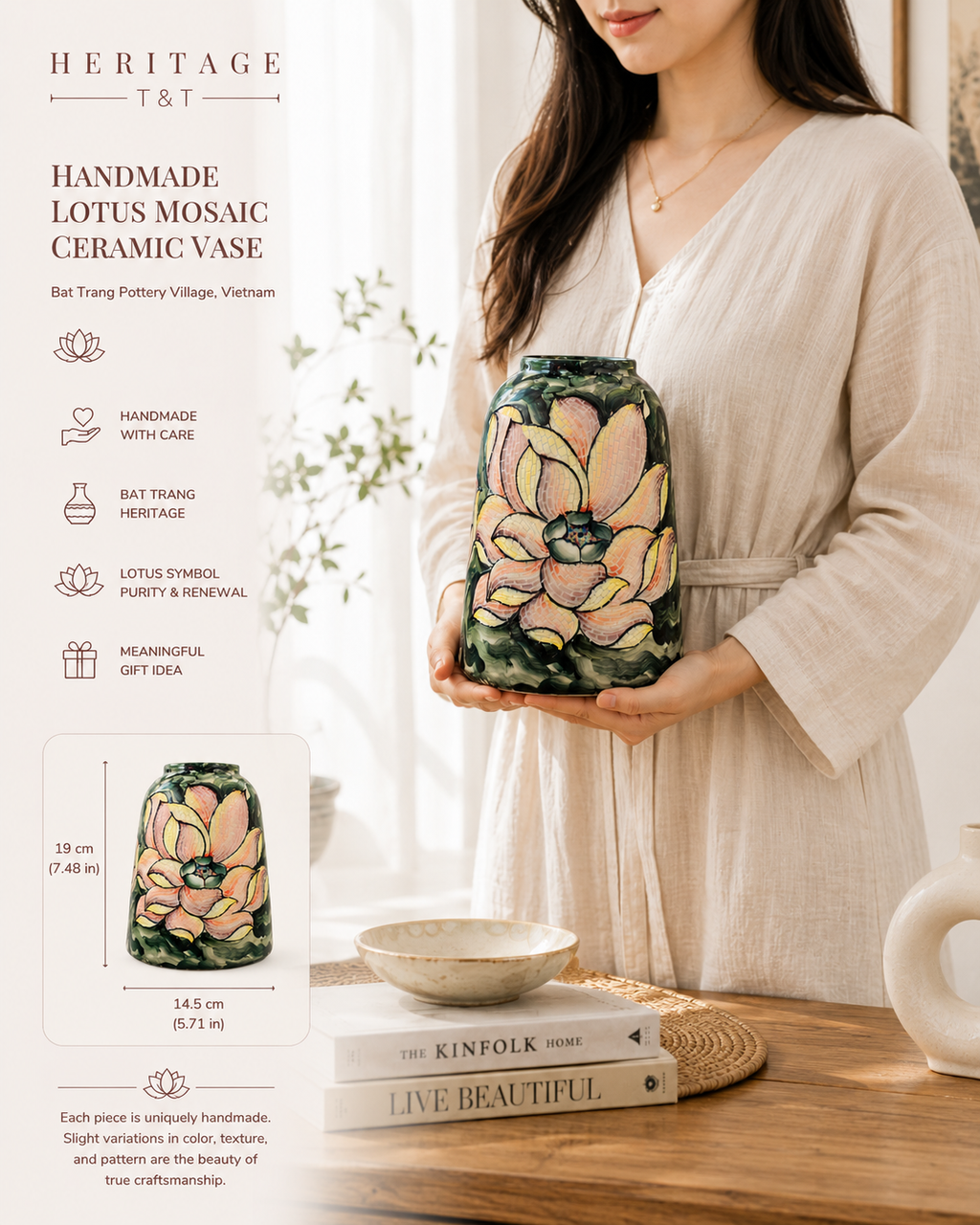Handmade Mosaic Ceramic Vase – Lotus Design  – 31.5 cm (12.4 in) – Home Décor – Heritage T&T Mosaic Collection – Bat Trang Vietnam
