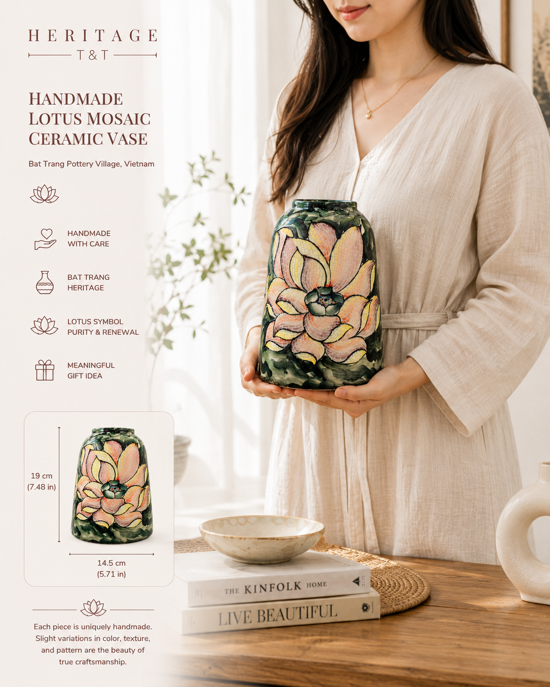 Handmade Mosaic Ceramic Vase – Lotus Design  – 31.5 cm (12.4 in) – Home Décor – Heritage T&T Mosaic Collection – Bat Trang Vietnam