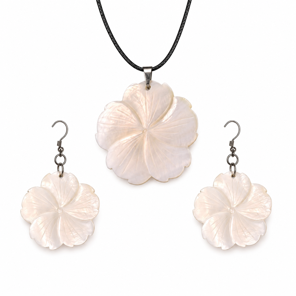 Floral Abalone and Mother of Pearl Necklace and Earrings Set – Heritage TT