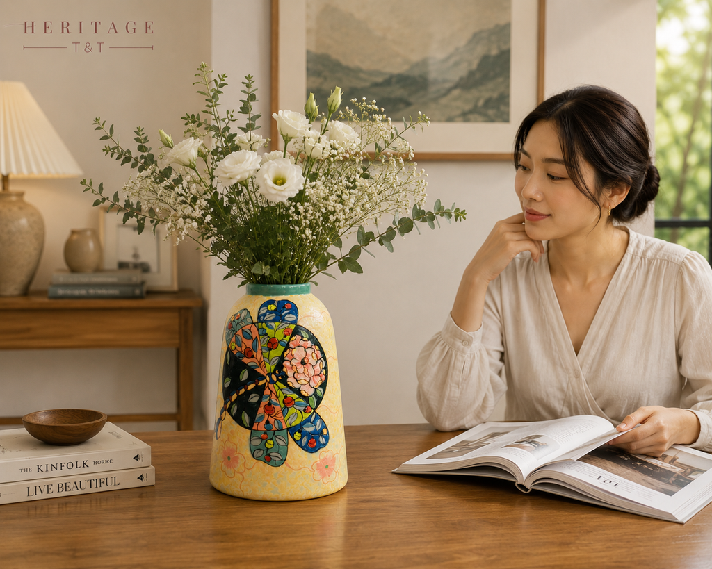 Handmade Mosaic Ceramic Vase – Dragonfly Design  – 31.5 cm (12.4 in) – Home Décor – Heritage T&T Mosaic Collection – Bat Trang Vietnam