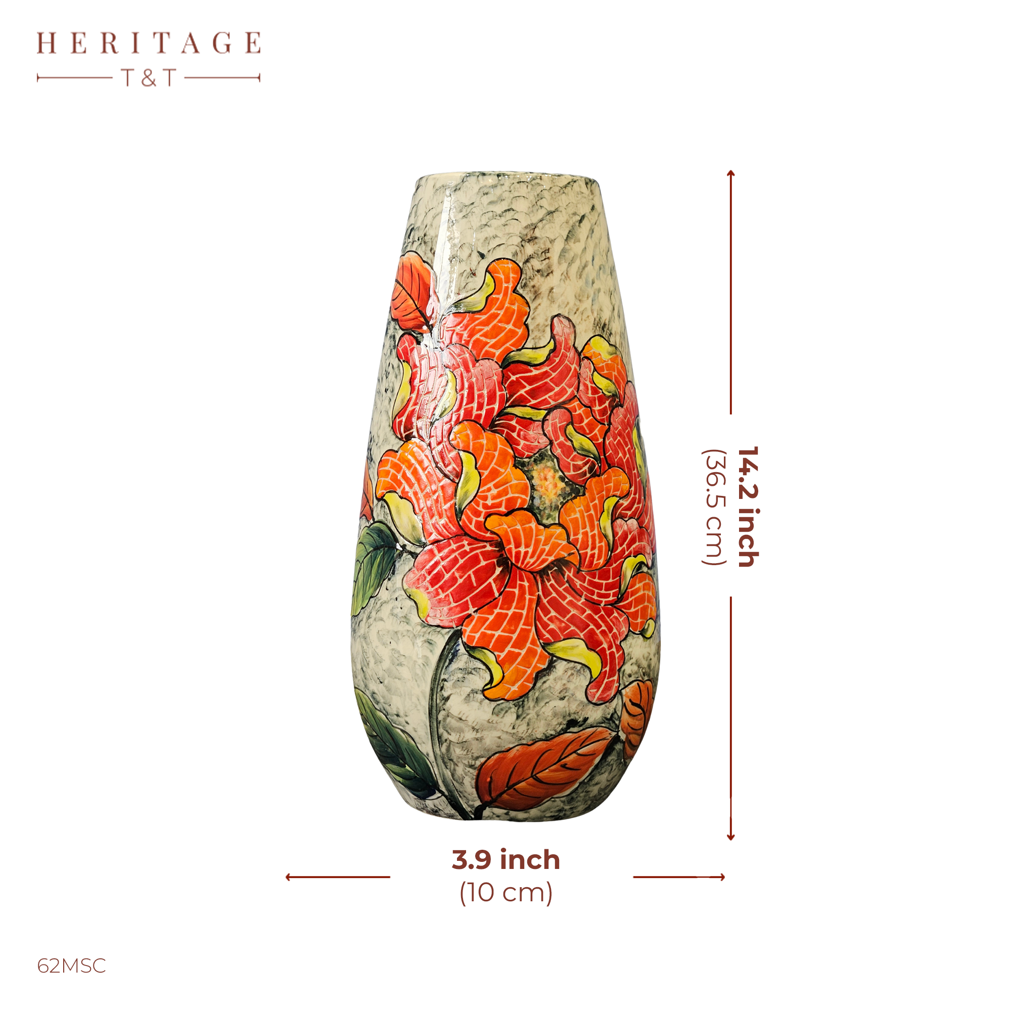Handmade Mosaic Ceramic Vase – Flower Design  – 36.5 cm (14.4 in) – Home Décor – Heritage T&T Mosaic Collection – Bat Trang Vietnam