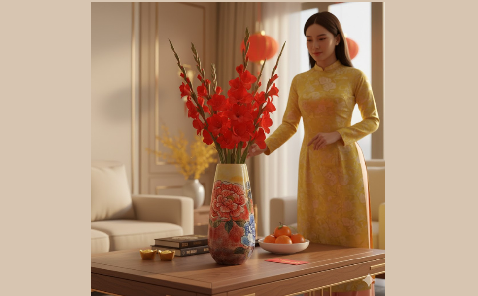 Handmade Mosaic Ceramic Vase – Flower Design  – 36.5 cm (14.4 in) – Home Décor – Heritage T&T Mosaic Collection – Bat Trang Vietnam