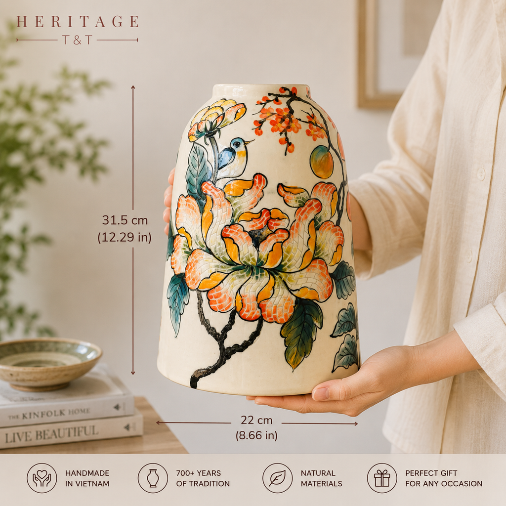 Handmade Mosaic Ceramic Vase – Flower Design  – 31.5 cm (12.4 in) – Home Décor – Heritage T&T Mosaic Collection – Bat Trang Vietnam