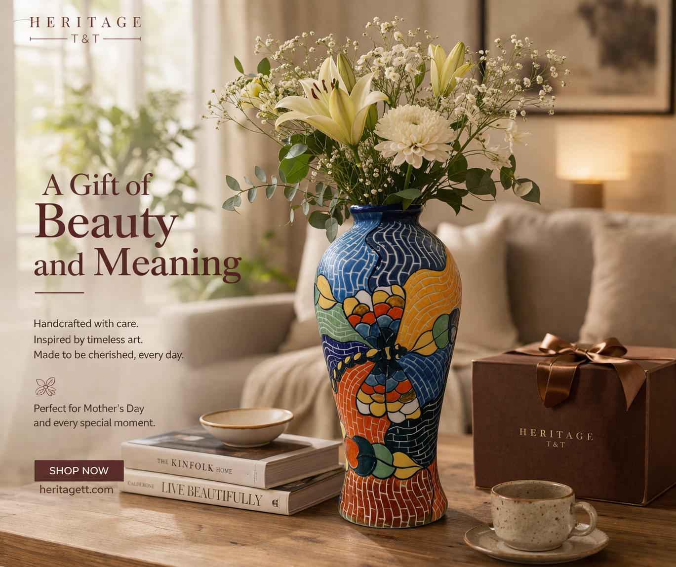 Handmade Mosaic Ceramic Vase – Dragonfly Design  – 31 cm (12.2 in) – Home Décor – Heritage T&T Mosaic Collection – Bat Trang Vietnam
