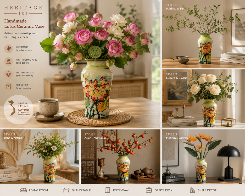 Handmade Mosaic Ceramic Vase – Lotus Design  – 28 cm (11 in) – Home Décor – Heritage T&T Mosaic Collection – Bat Trang Vietnam