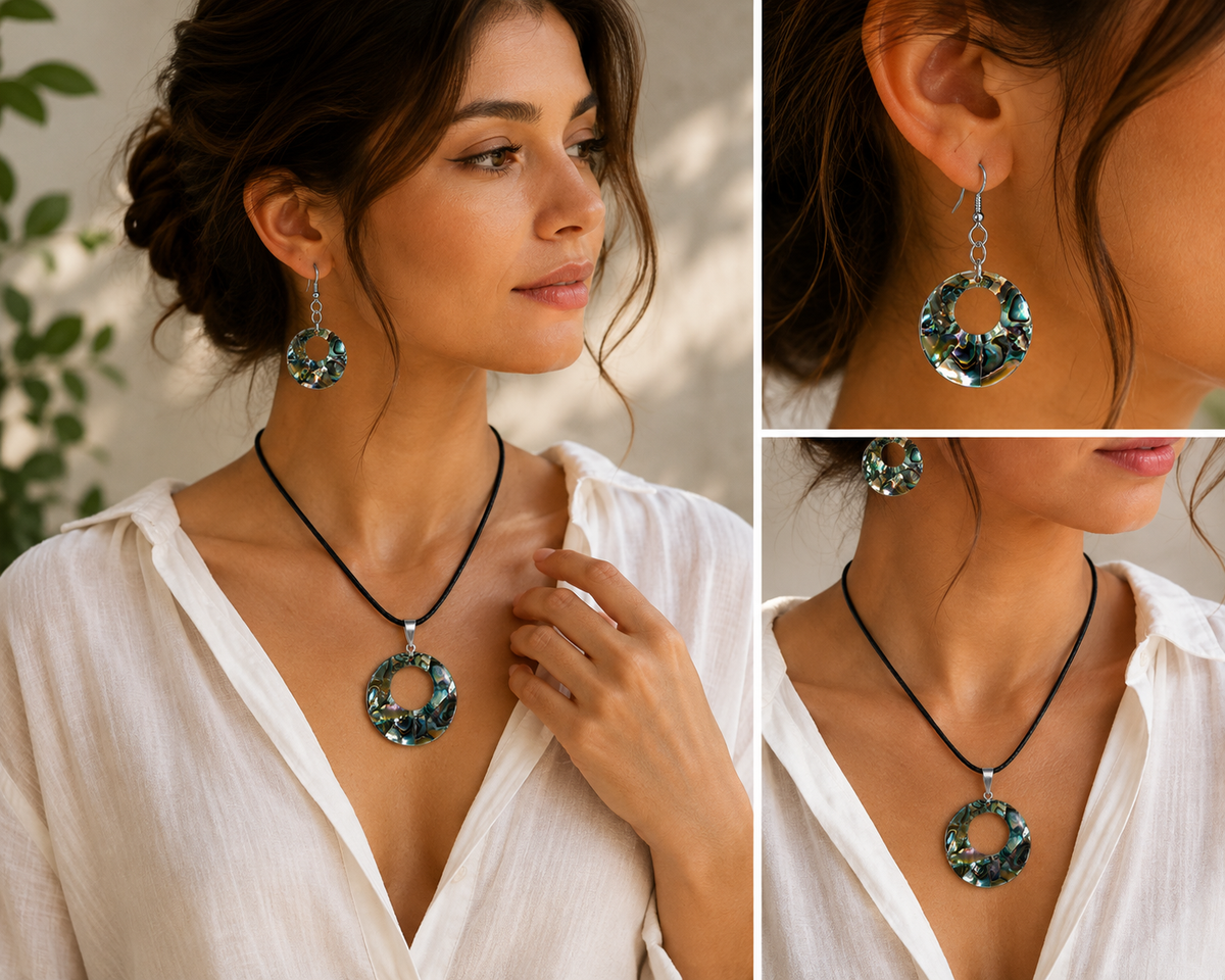 Natural Shell Statement Necklace Earrings Set – Abalone  Mother of Pearl – Heritage TT