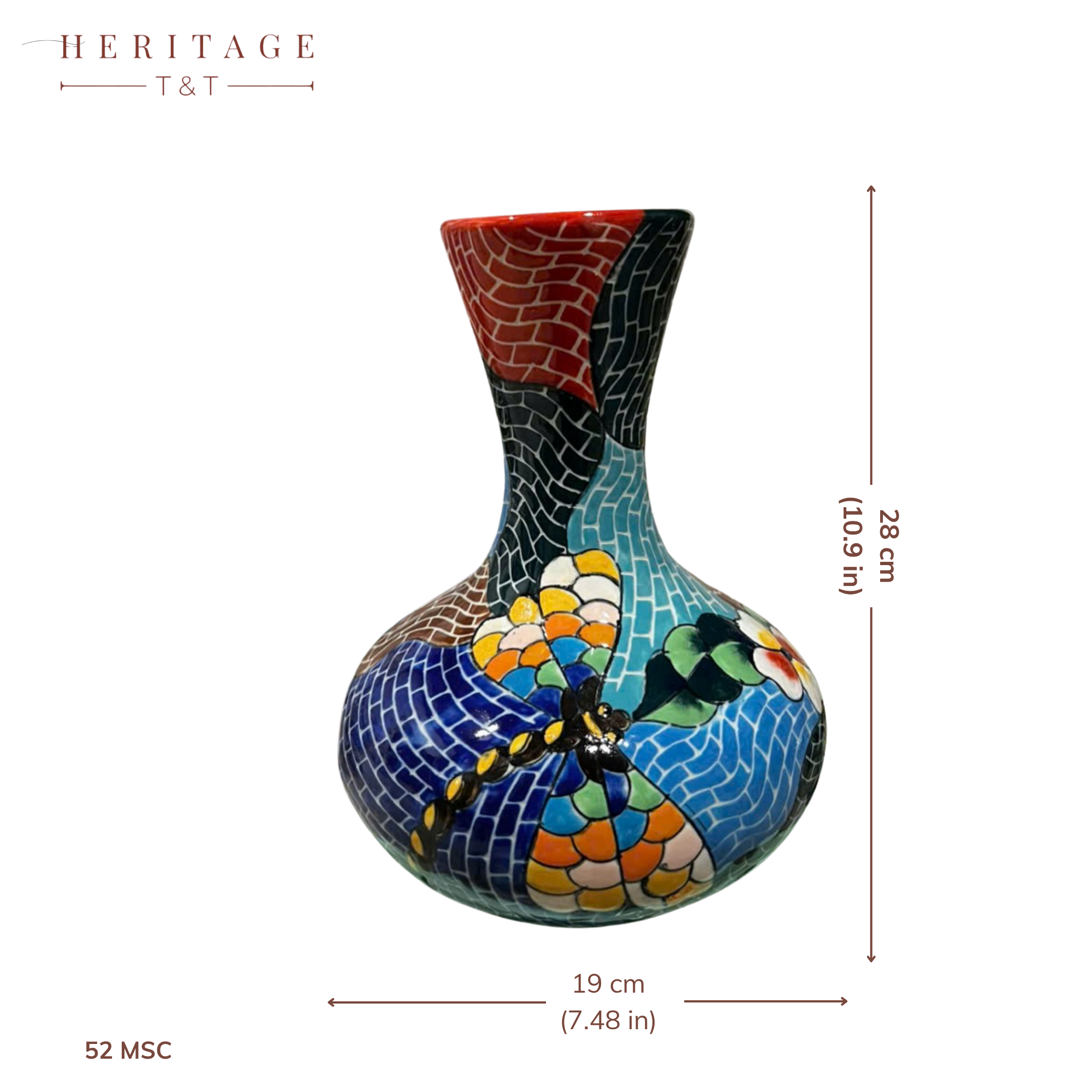 Handmade Mosaic Ceramic Vase – Dragonfly Design  – 28 cm (11 in) – Home Décor – Heritage T&T Mosaic Collection – Bat Trang Vietnam