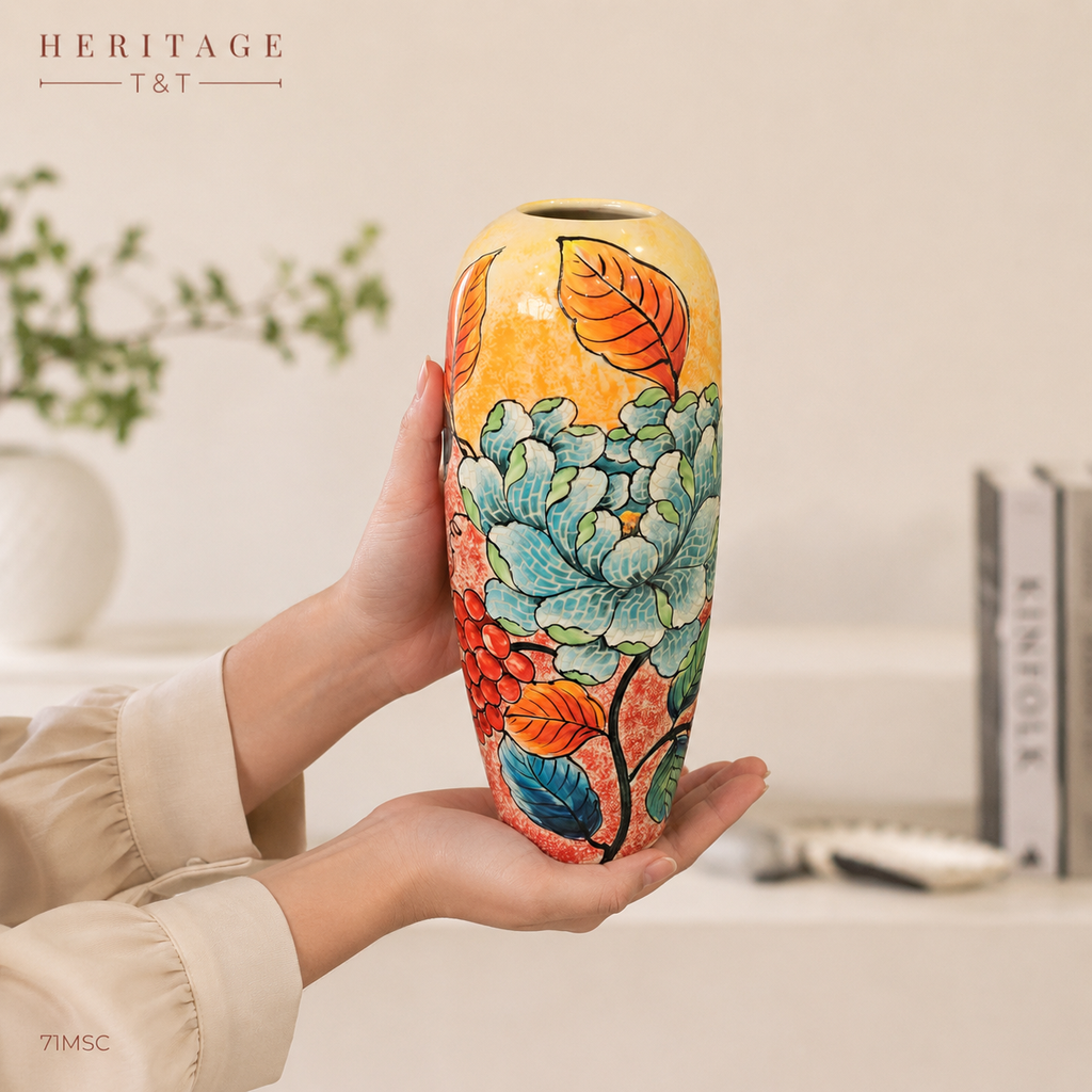 Handmade Mosaic Ceramic Vase – Flower Design  – 37 cm (14.6 in) – Home Décor – Heritage T&T Mosaic Collection – Bat Trang Vietnam