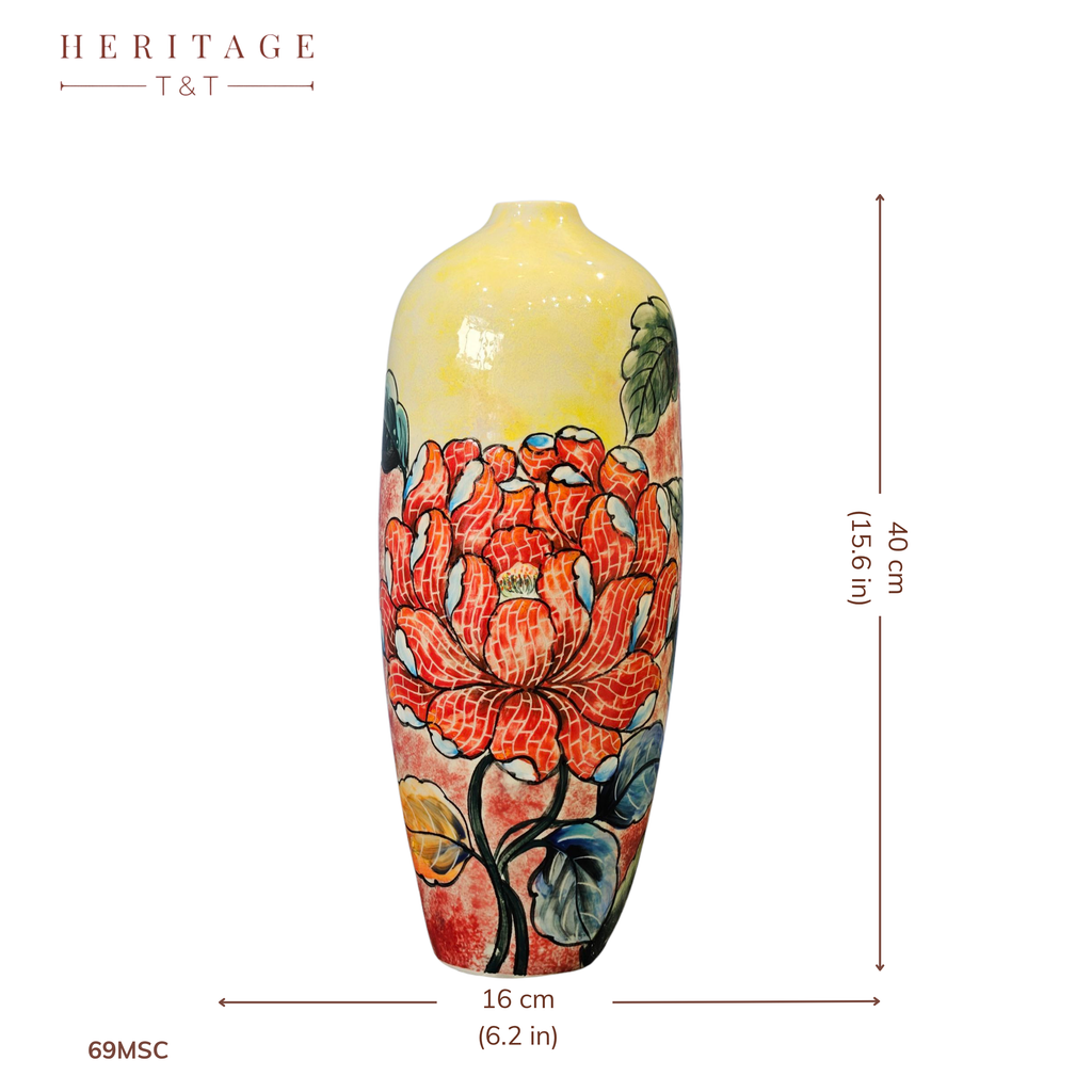 Handmade Mosaic Ceramic Vase – Flower Design  – 40 cm (15.7 in) – Home Décor – Heritage T&T Mosaic Collection – Bat Trang Vietnam