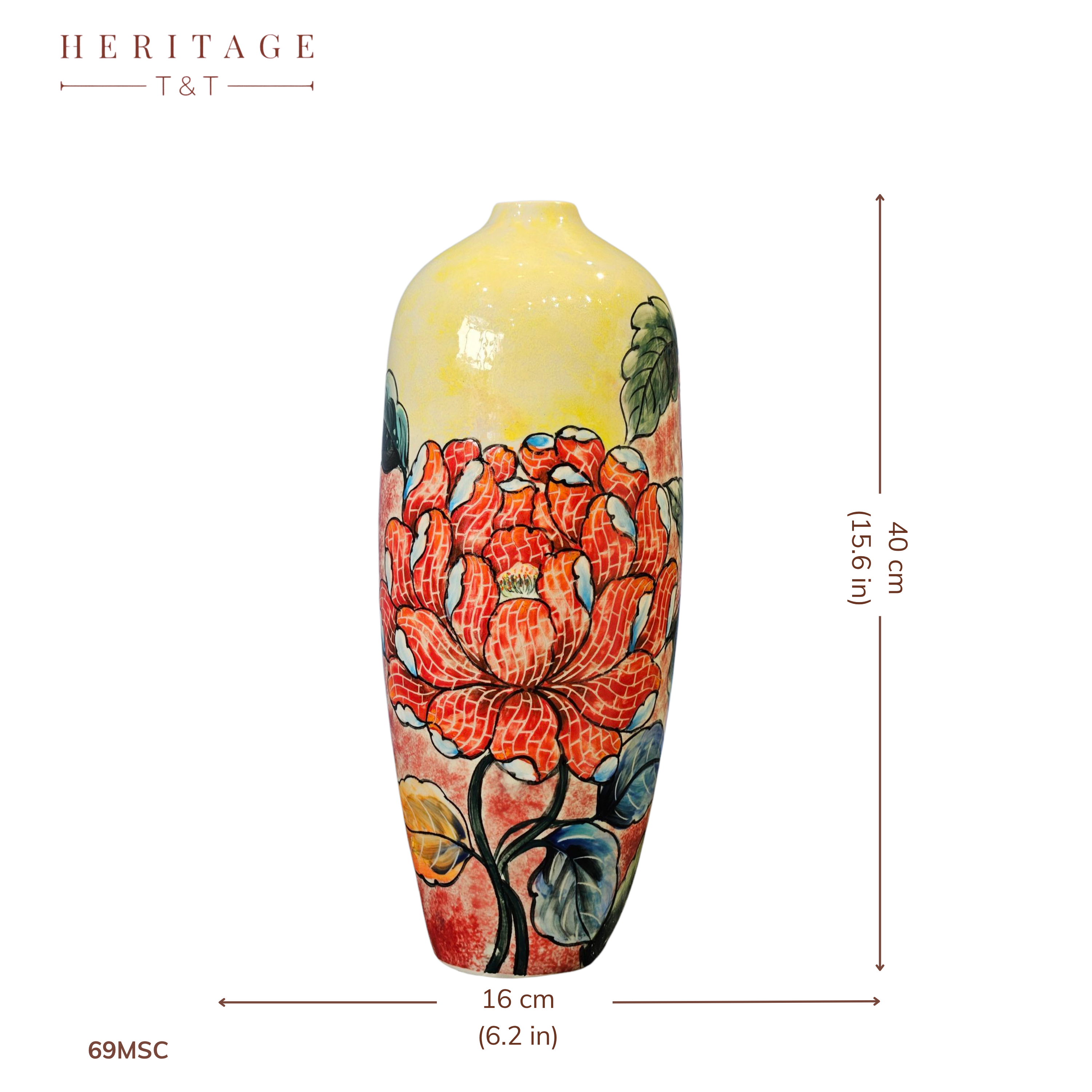 Handmade Mosaic Ceramic Vase – Flower Design  – 40 cm (15.7 in) – Home Décor – Heritage T&T Mosaic Collection – Bat Trang Vietnam