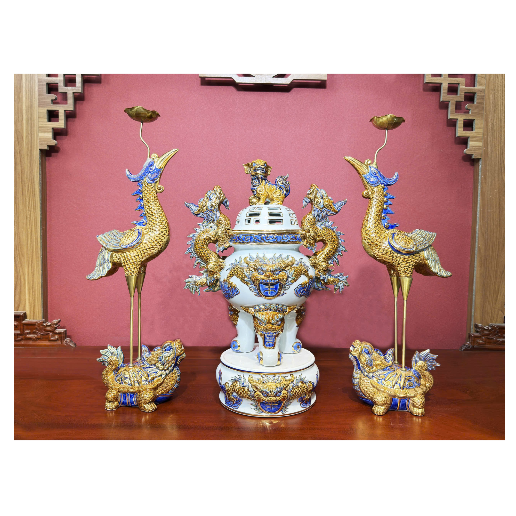 Heritage T&T Imperial Altar Set with Cranes Tâm An  – 1 Set (3 Pieces) – Bat Trang Handmade Vietnam