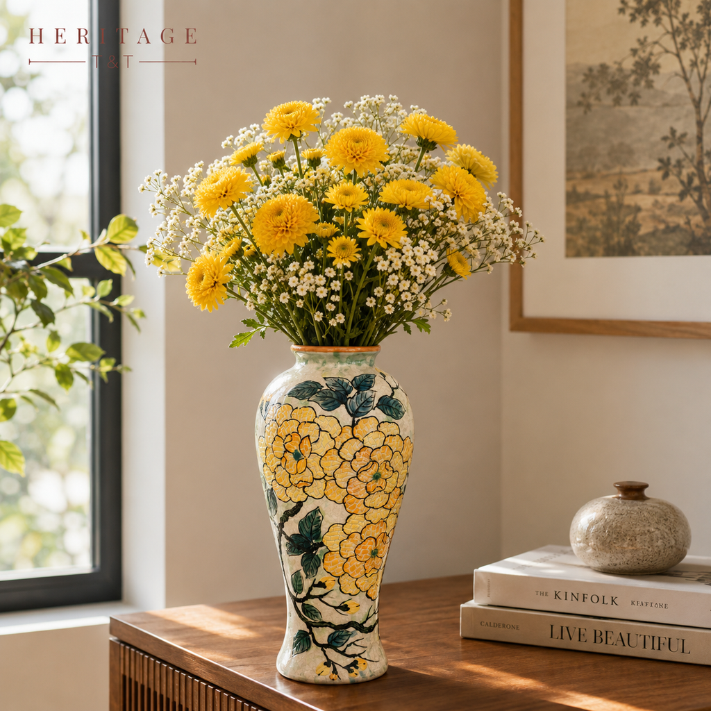 Handmade Mosaic Ceramic Vase – Flower Design  – 36 cm (14.2 in) – Home Décor – Heritage T&T Mosaic Collection – Bat Trang Vietnam