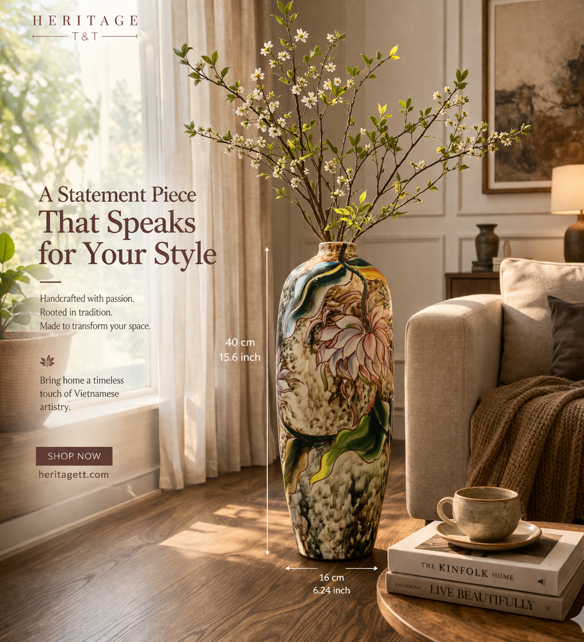 Handmade Mosaic Ceramic Vase – Artisan Design  – 40 cm (15.7 in) – Home Décor – Heritage T&T 3D Collection – Bat Trang Vietnam