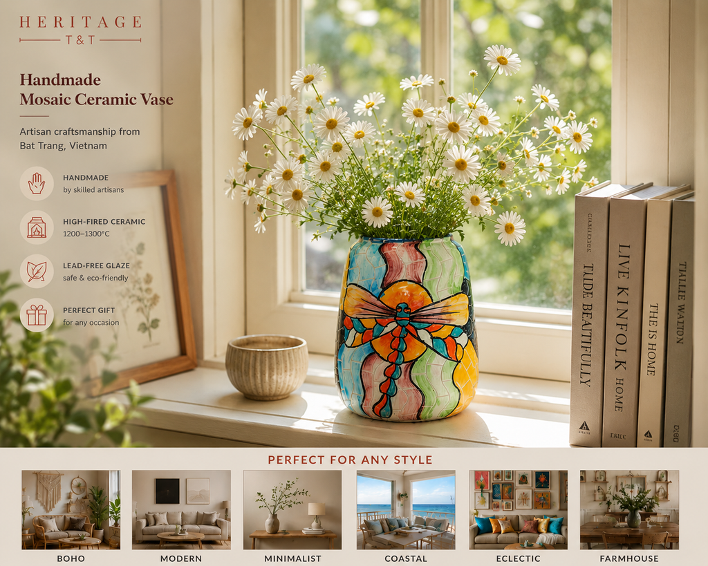 Handmade Mosaic Ceramic Vase – Dragonfly Design  – 18 cm (7.1 in) – Home Décor – Heritage T&T Mosaic Collection – Bat Trang Vietnam