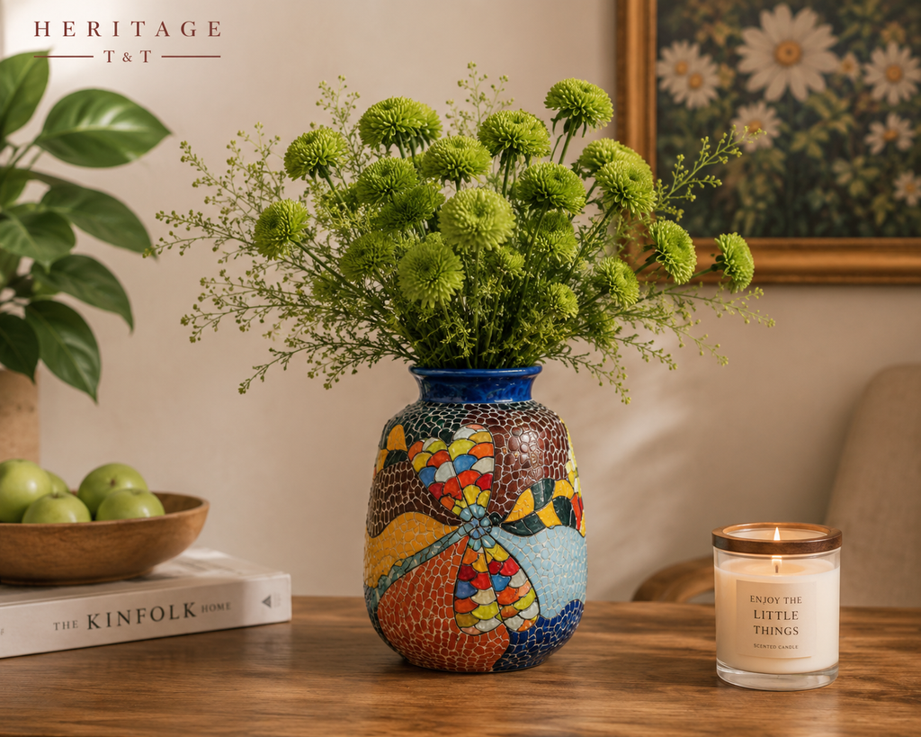 Handmade Mosaic Ceramic Vase – Dragonfly Design  – 22 cm (8.7 in) – Home Décor – Heritage T&T Mosaic Collection – Bat Trang Vietnam